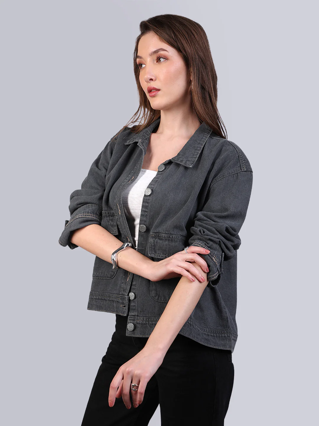 Women's Grey Relaxed Fit Full Sleeve Utility Denim Jacket - Image 2