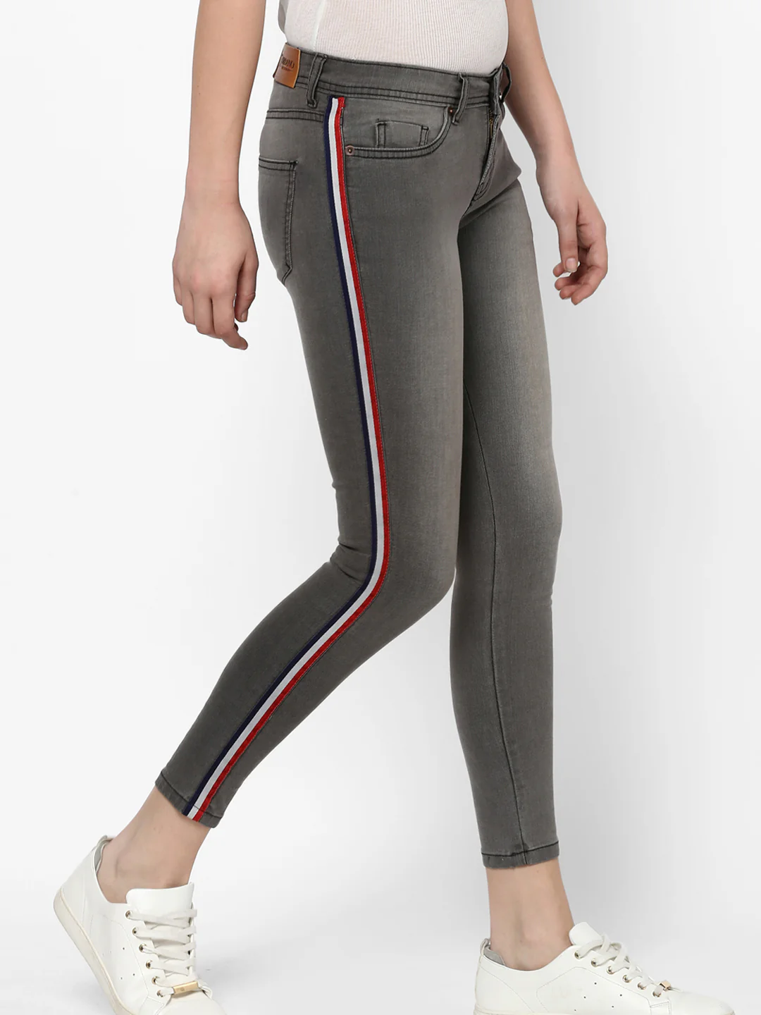 Women's Grey Side Striped Skinny Fit Jeans Stretch