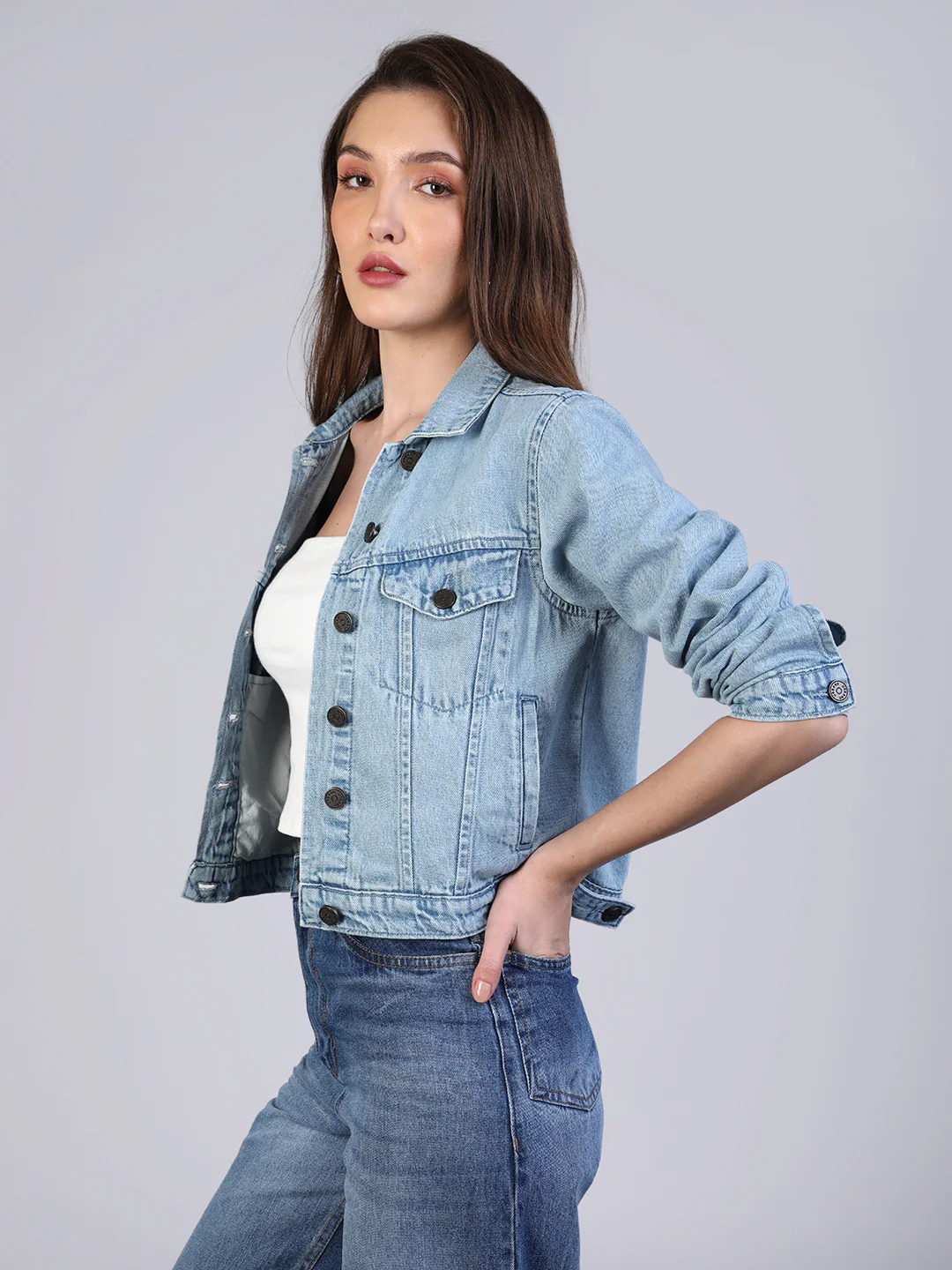 Women's Ice Blue Regular Fit Washed Full Sleeve Denim Jacket - Image 2