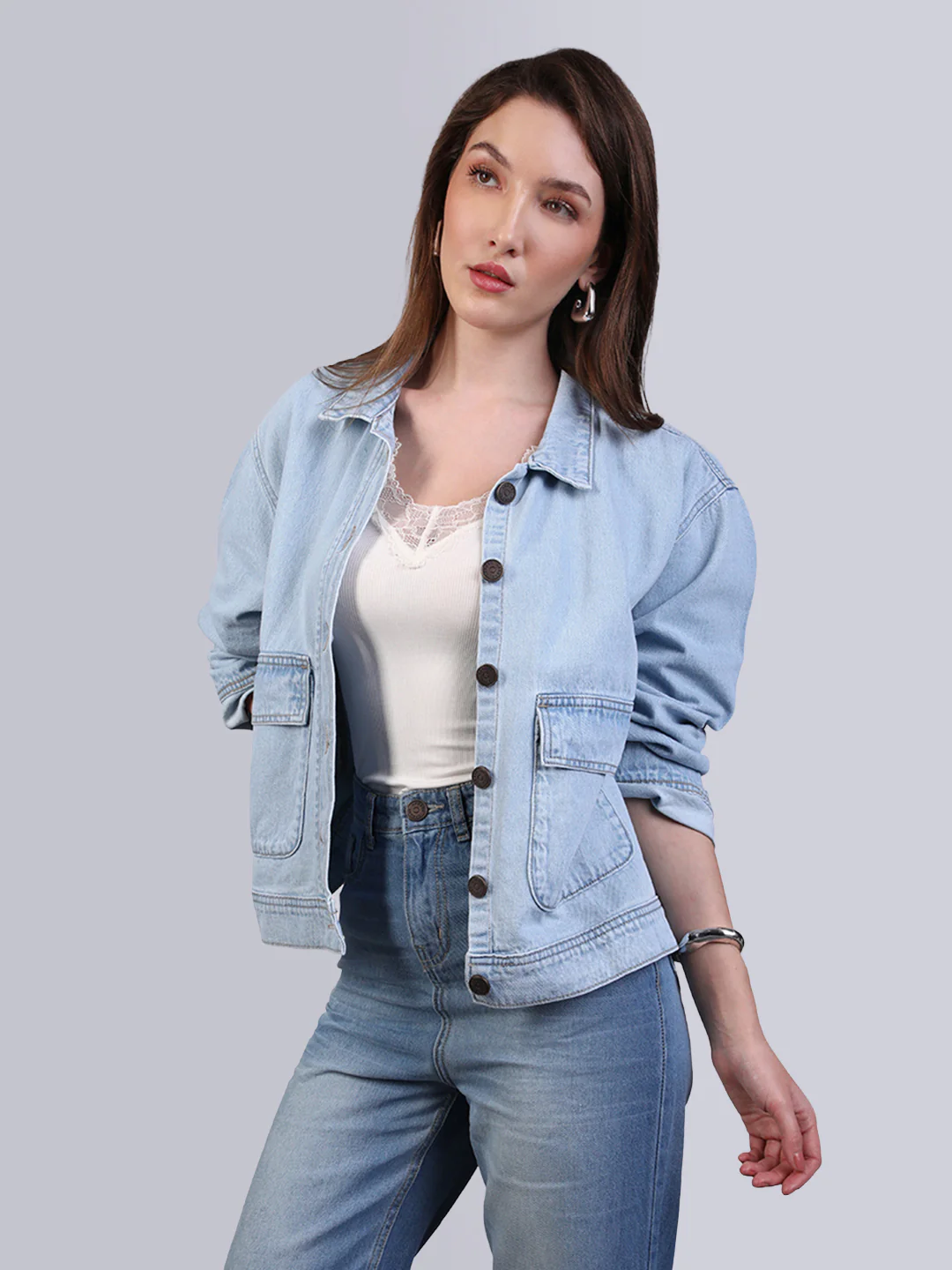 Women's Ice Blue Relaxed Fit Full Sleeve Utility Denim Jacket - Image 2
