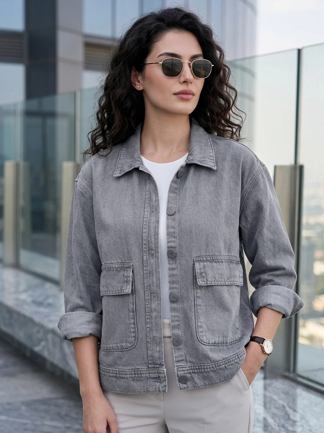 Women's Ice Grey Relaxed Fit Full Sleeve Utility Denim Jacket