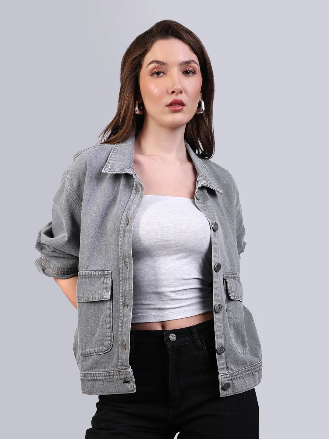 Women's Ice Grey Relaxed Fit Full Sleeve Utility Denim Jacket - Image 2