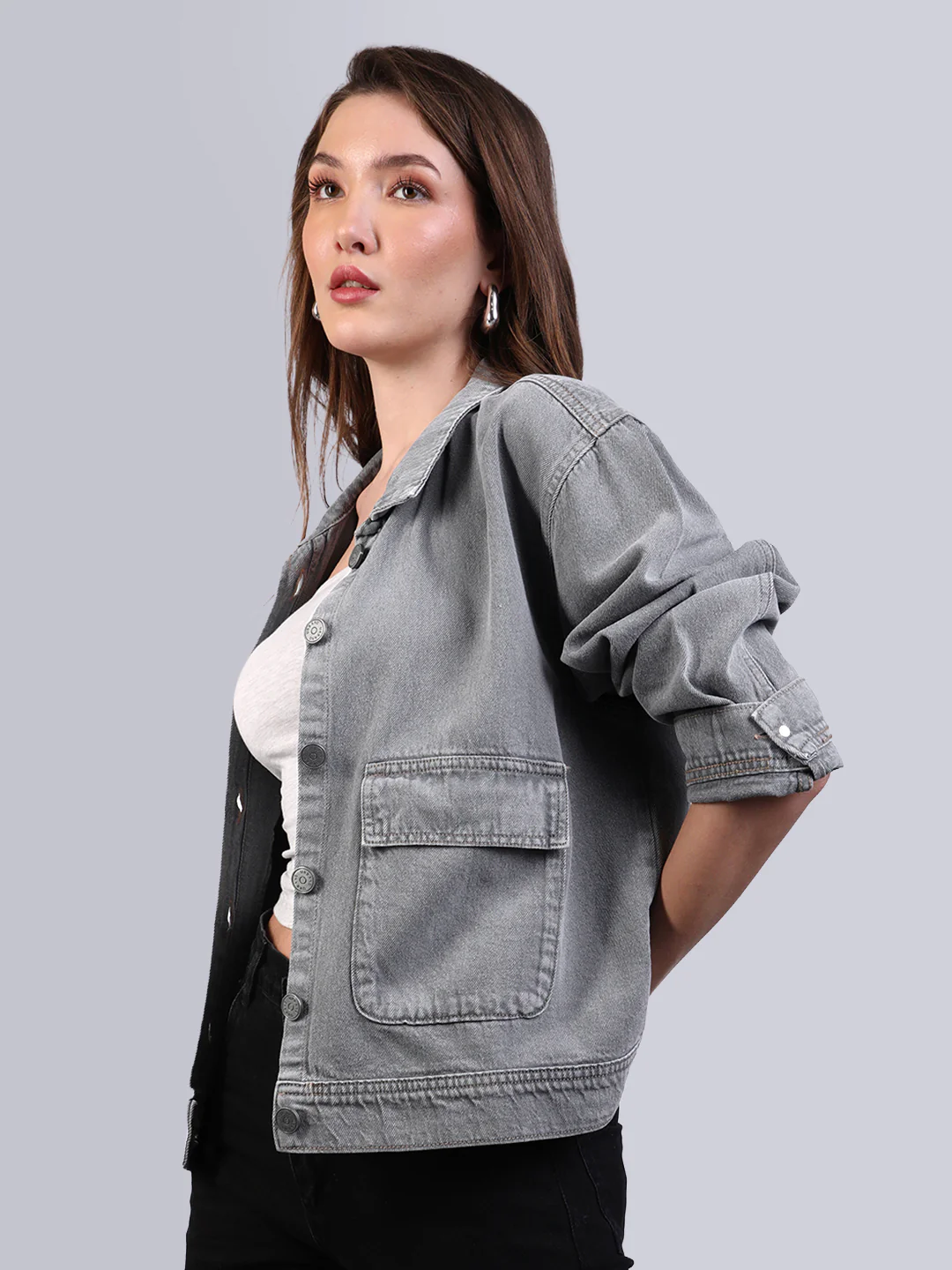 Women's Ice Grey Relaxed Fit Full Sleeve Utility Denim Jacket - Image 3