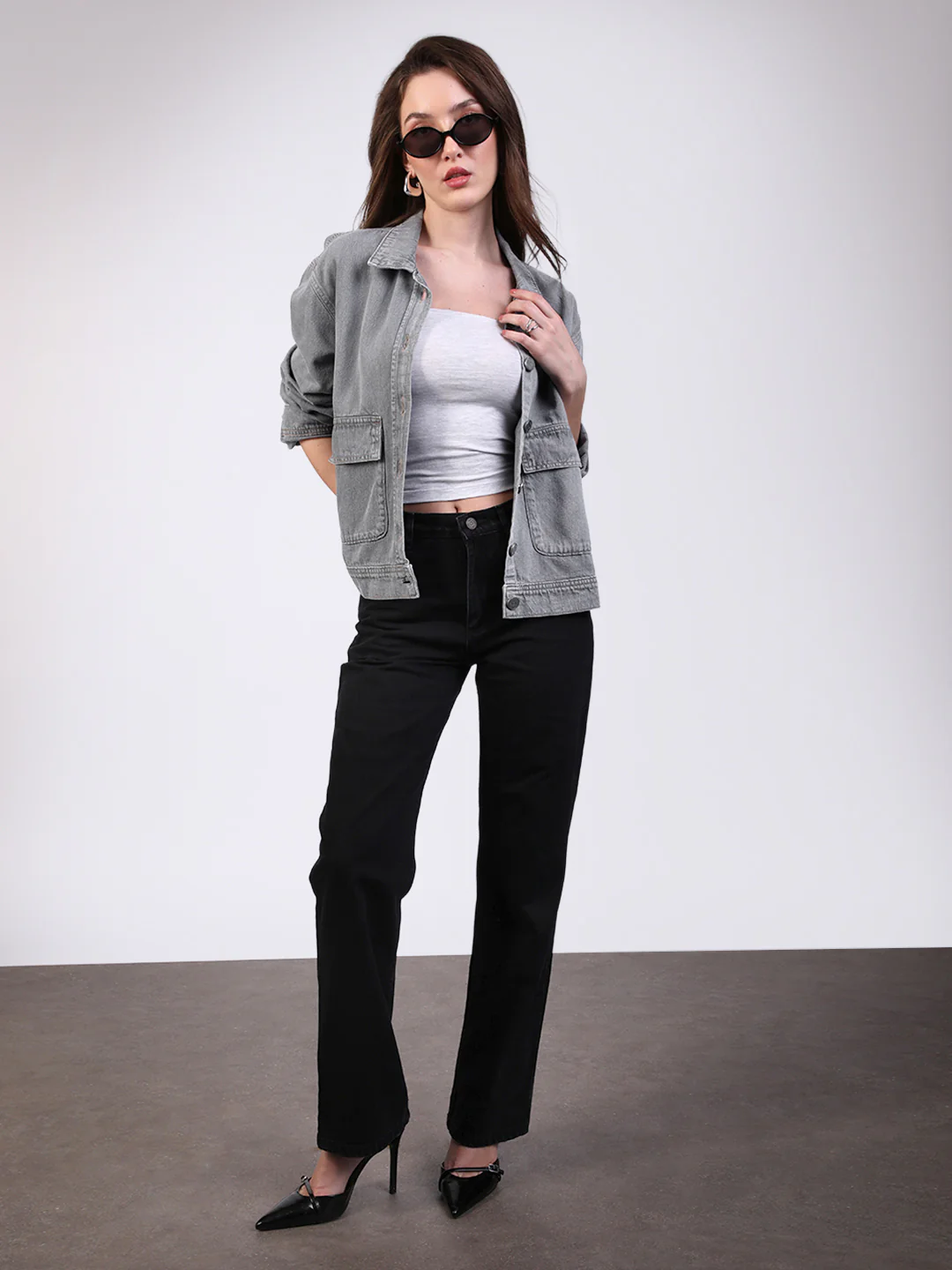 Women's Ice Grey Relaxed Fit Full Sleeve Utility Denim Jacket - Image 5