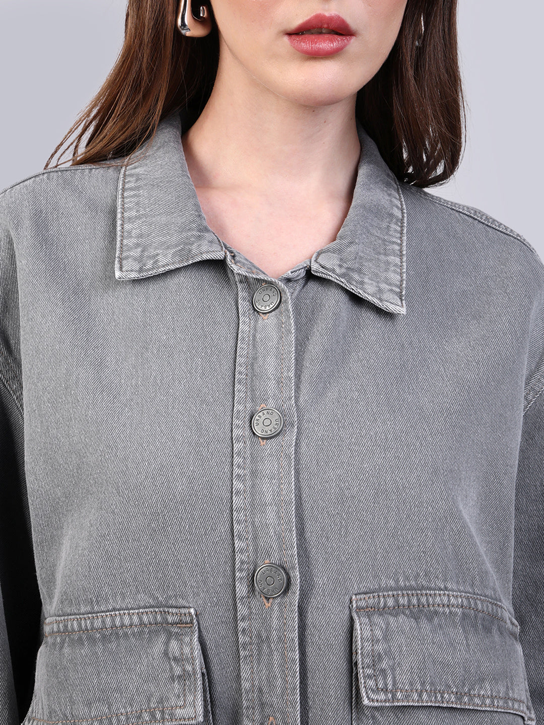 Women's Ice Grey Relaxed Fit Full Sleeve Utility Denim Jacket - Image 6