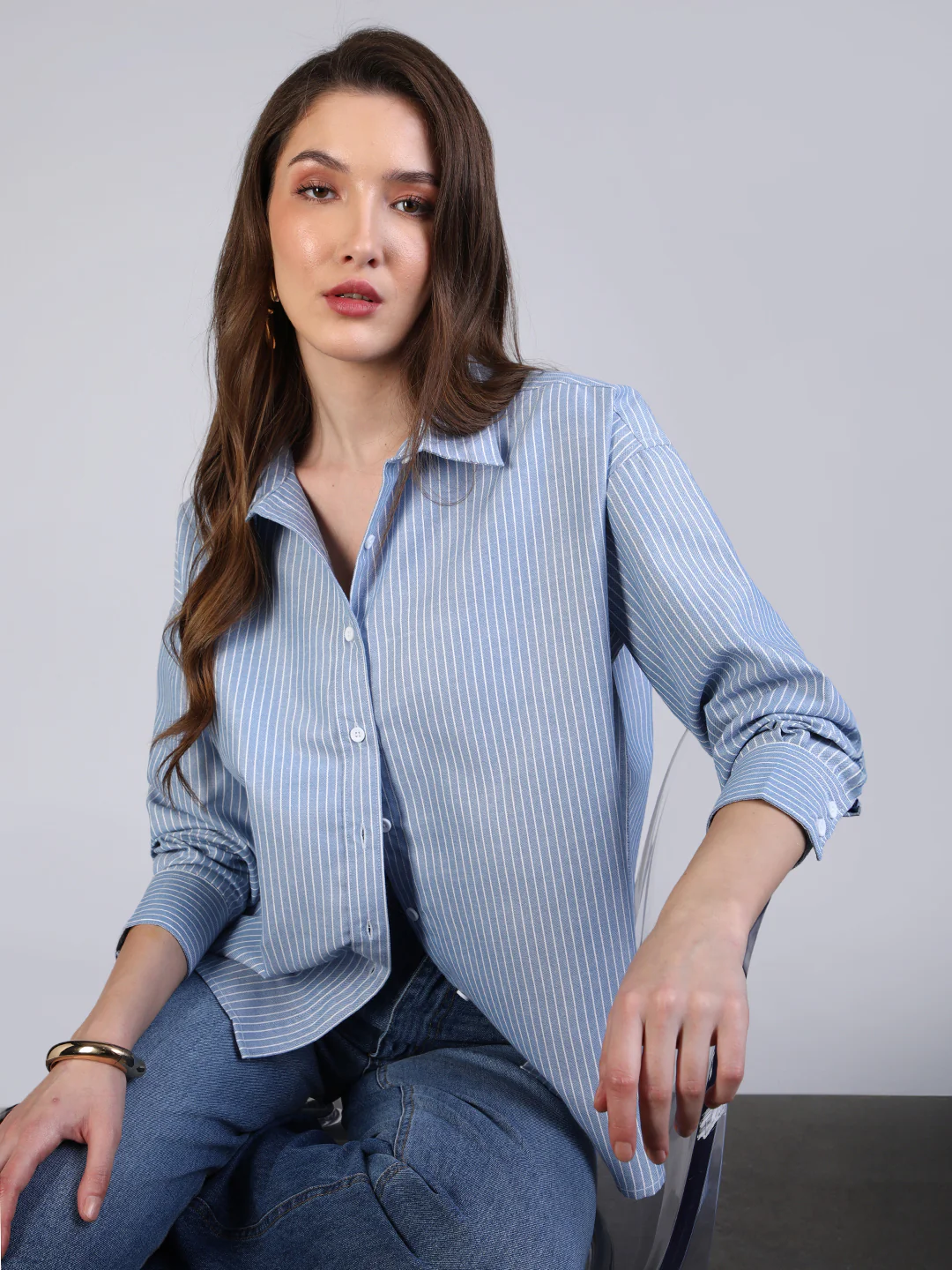 Women's Light Blue Cotton Full Sleeve Oversized Fit Casual Striped Shirt with Spread Collar - Image 2