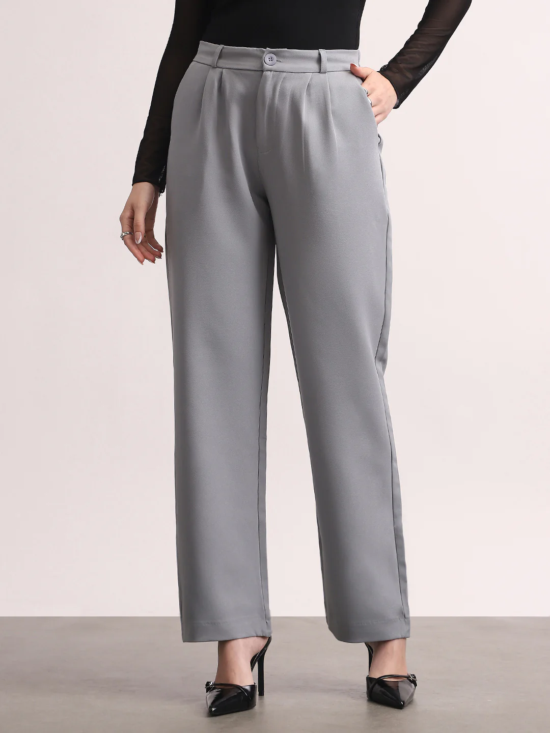 Women's Light Blue Loose Baggy Fit Solid Korean Pants Stretchable