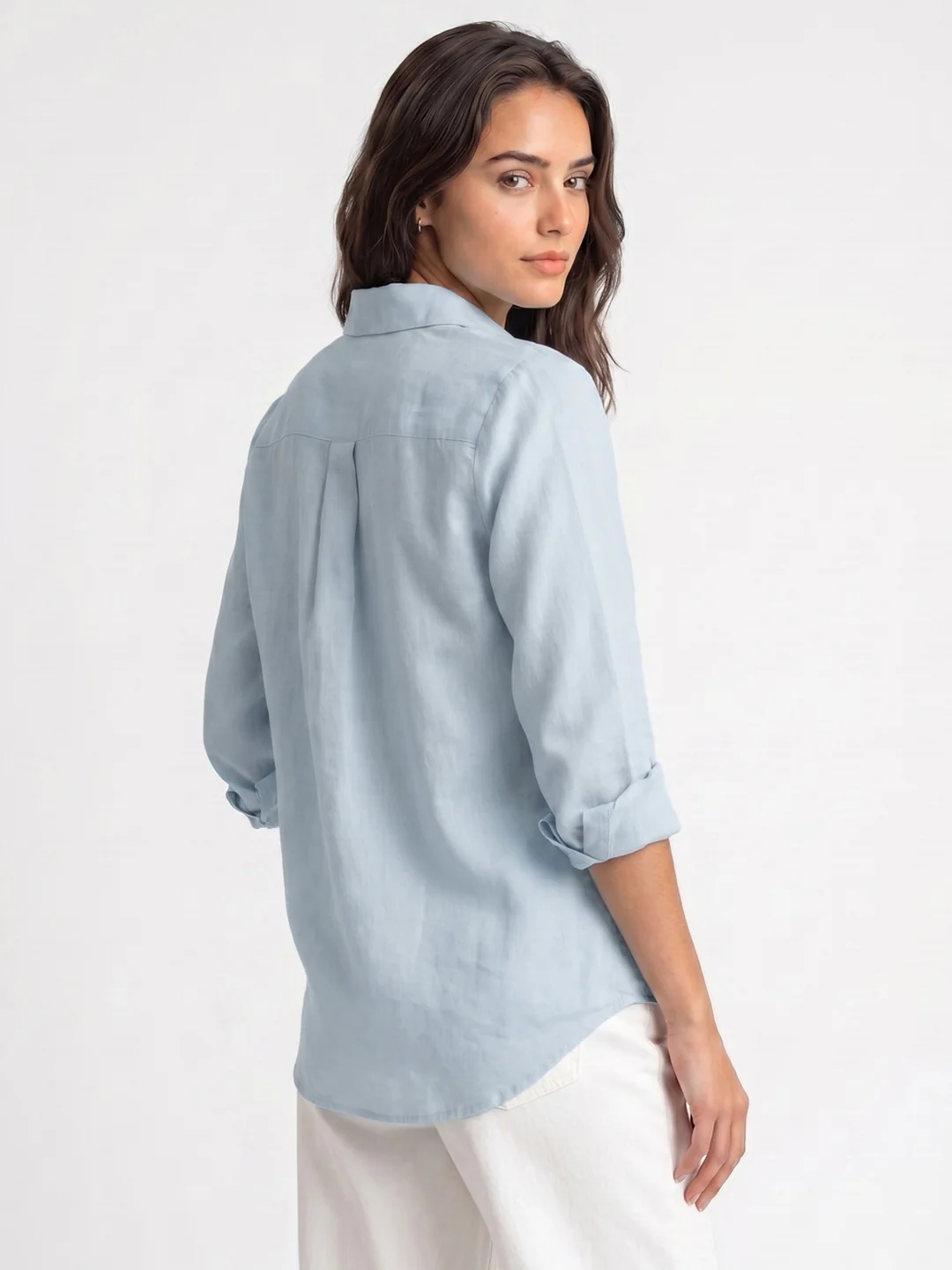 Women's Light Blue Lyocell Full Sleeve Relaxed Fit Casual Solid Shirt with V-Neck Collar - Image 3
