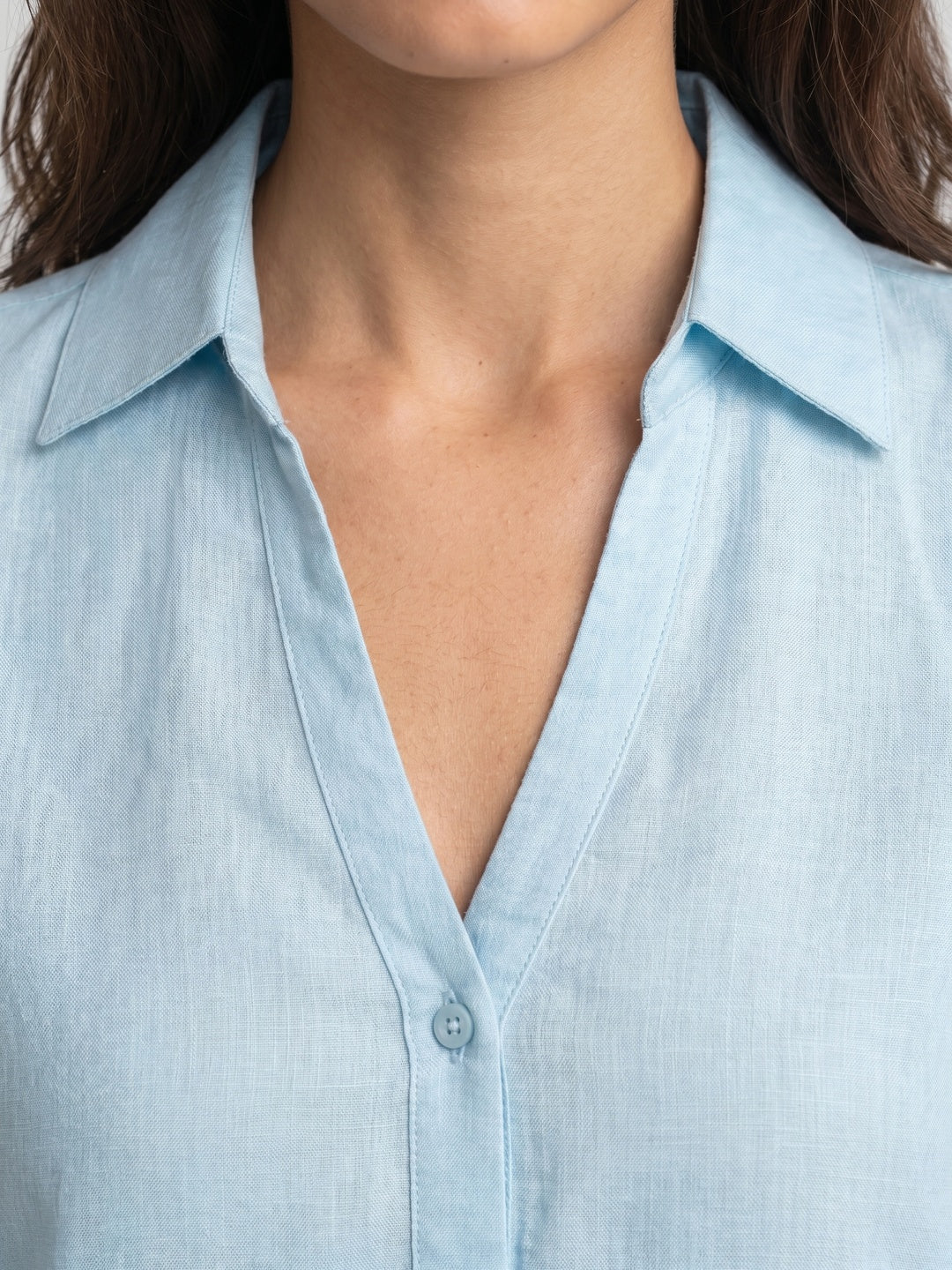 Women's Light Blue Lyocell Full Sleeve Relaxed Fit Casual Solid Shirt with V-Neck Collar - Image 5