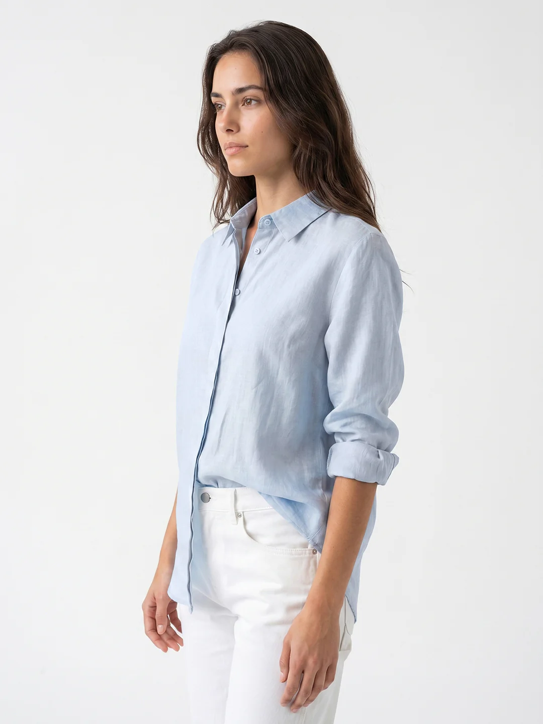 Women's Light Blue Lyocell Full Sleeve Relaxed Fit Concealed Placket Casual Solid Shirt with Regular Collar - Image 2
