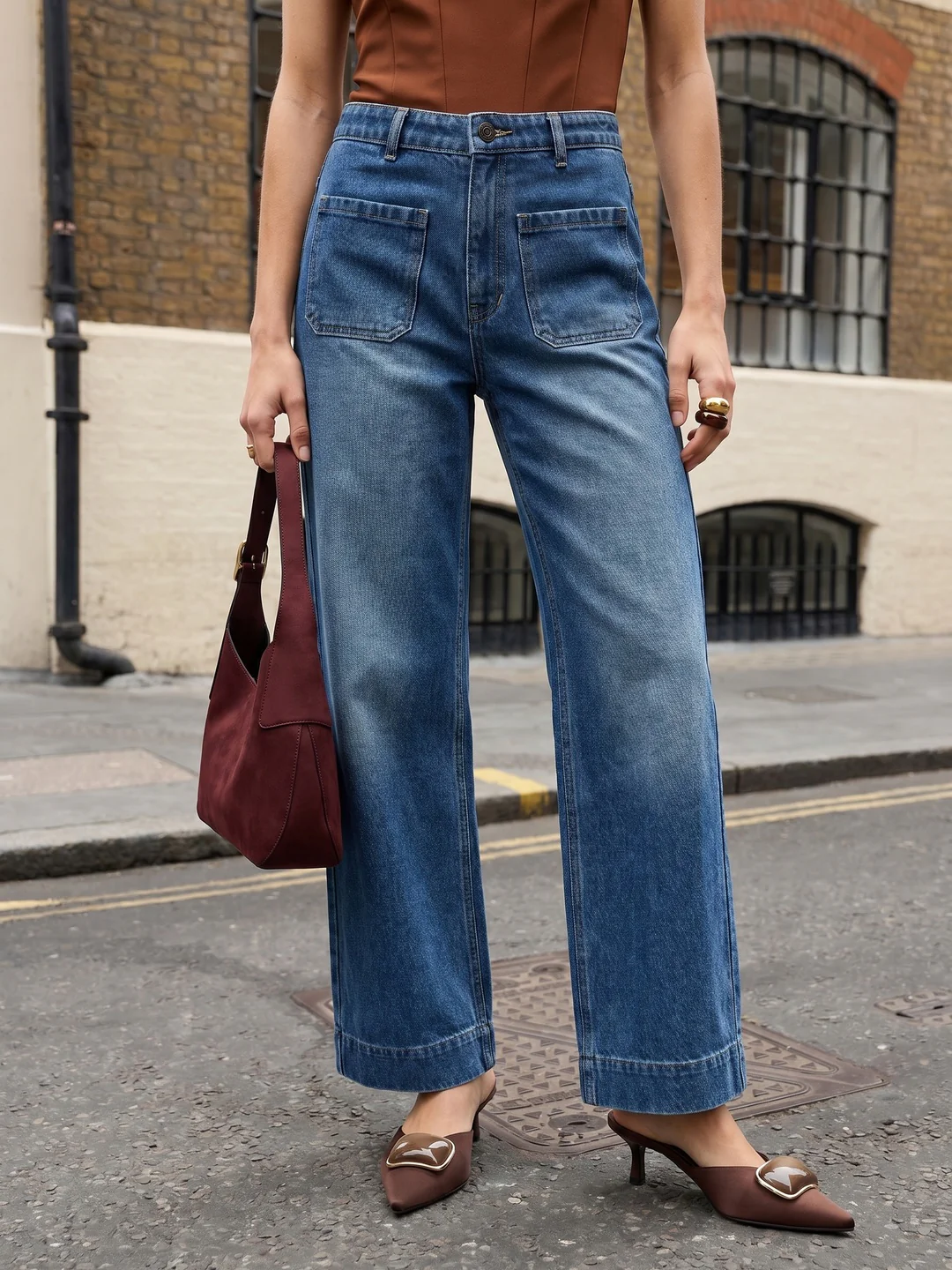 Women's Light Blue Mid Rise Wide-Leg Washed Jeans Non-Stretchable