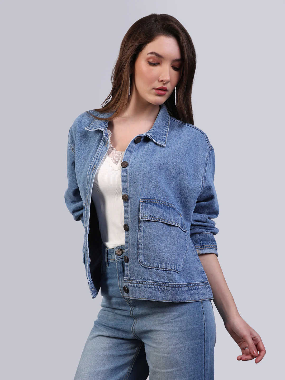 Women's Light Blue Relaxed Fit Full Sleeve Utility Denim Jacket - Image 2