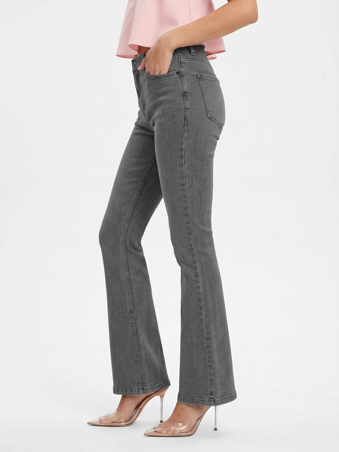 Women's Light Grey Mid Rise Bootcut Washed Jeans Stretchable - Image 2