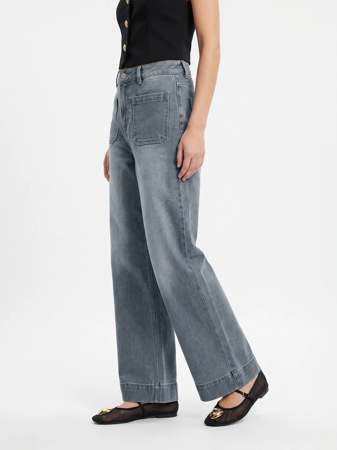 Women's Light Grey Mid Rise Wide-Leg Washed Jeans Non-Stretchable - Image 2
