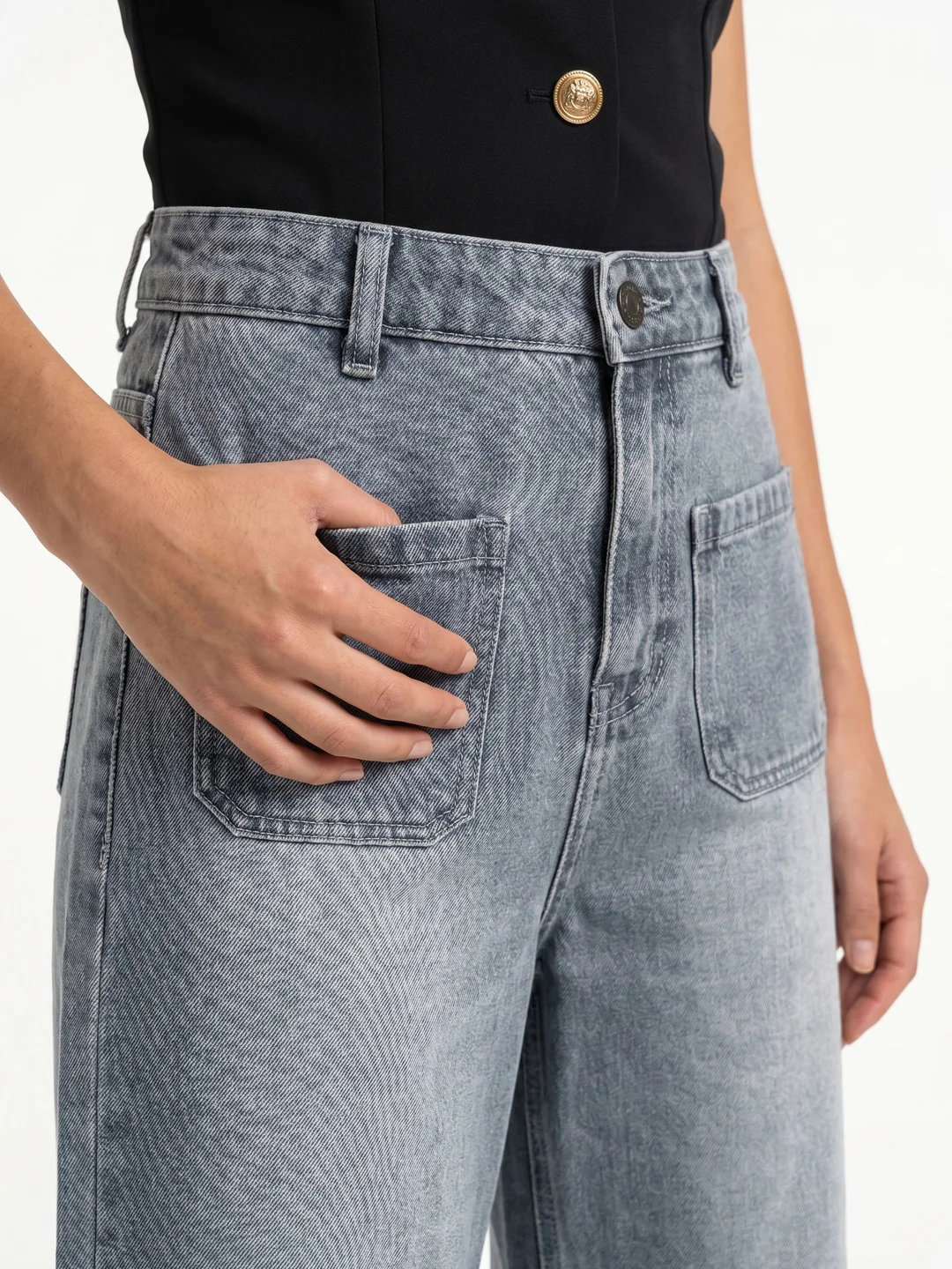 Women's Light Grey Mid Rise Wide-Leg Washed Jeans Non-Stretchable - Image 5