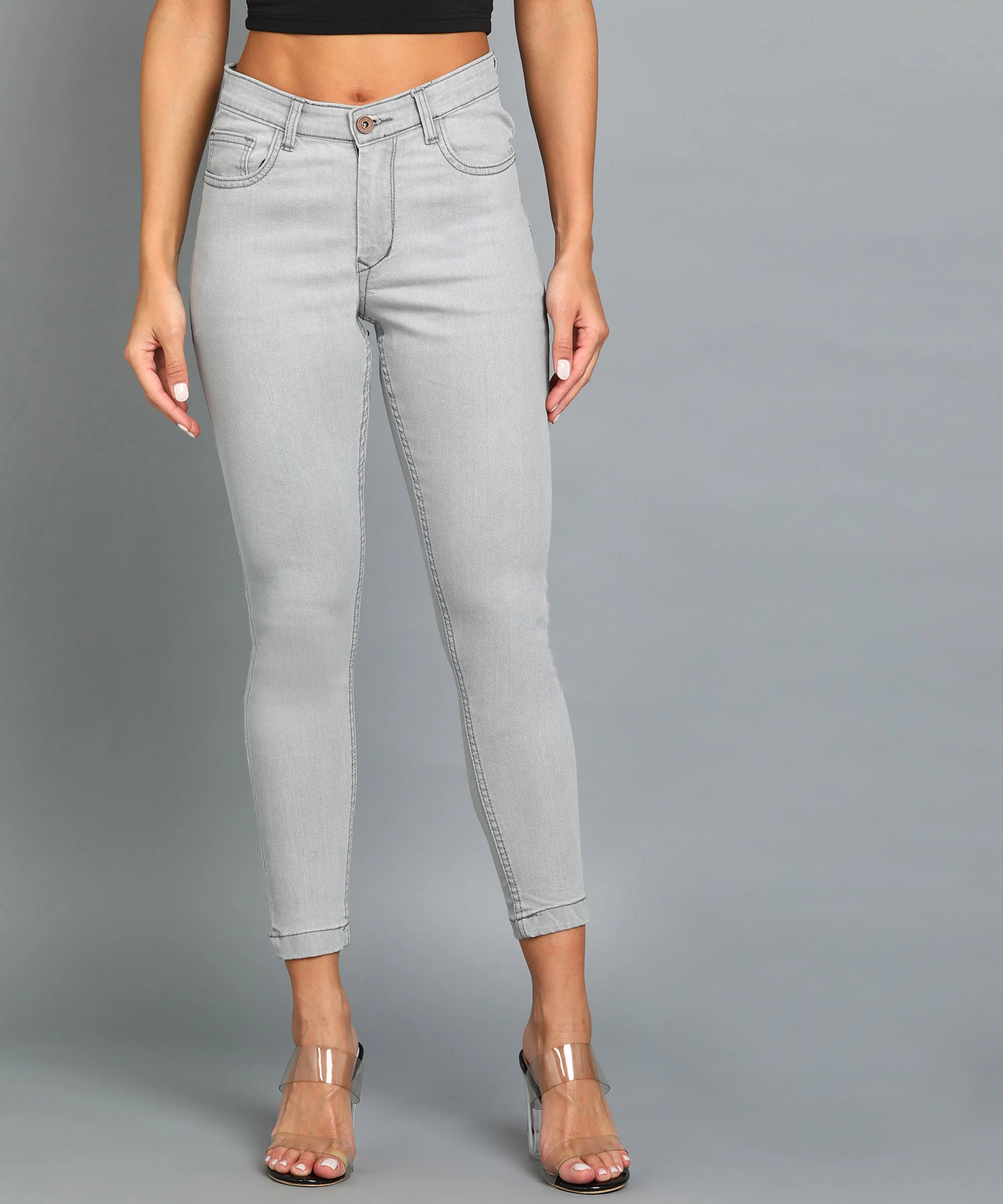 Women's Light Grey Skinny Fit Washed Jeans