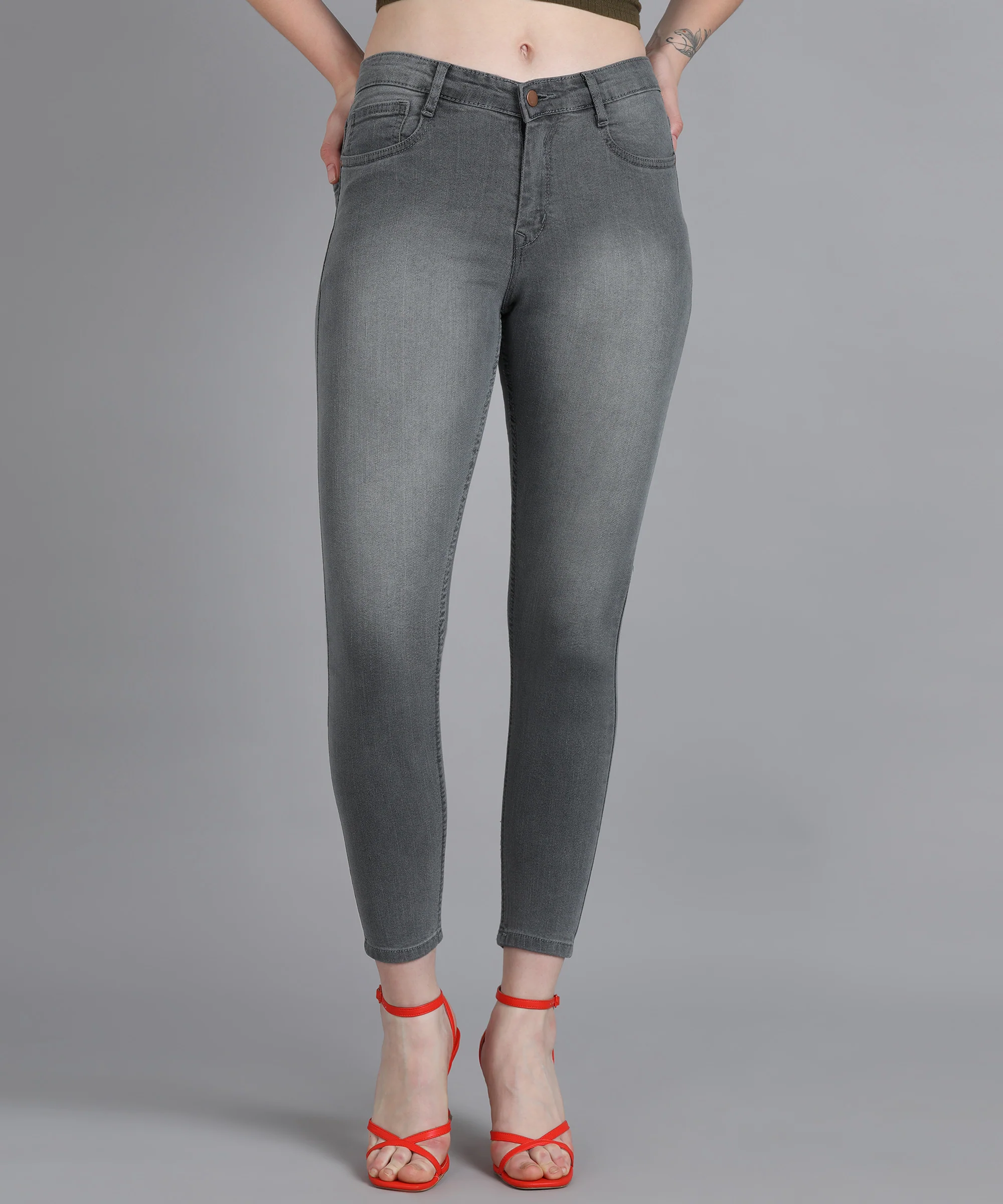 Women's Light Grey Skinny Fit Washed Jeans - Image 2