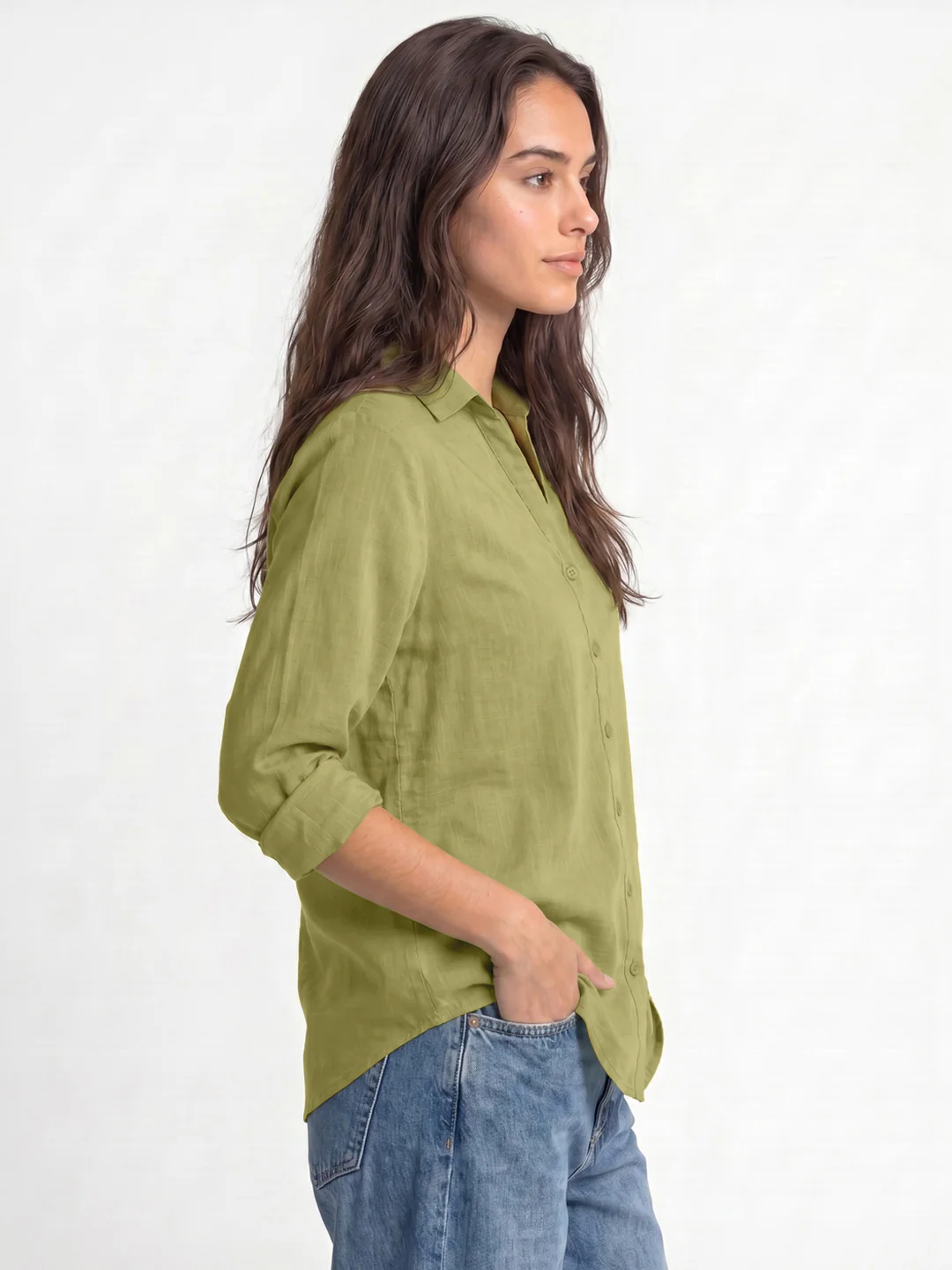 Women's Light Olive Lyocell Full Sleeve Relaxed Fit Casual Solid Shirt with V-Neck Collar - Image 2