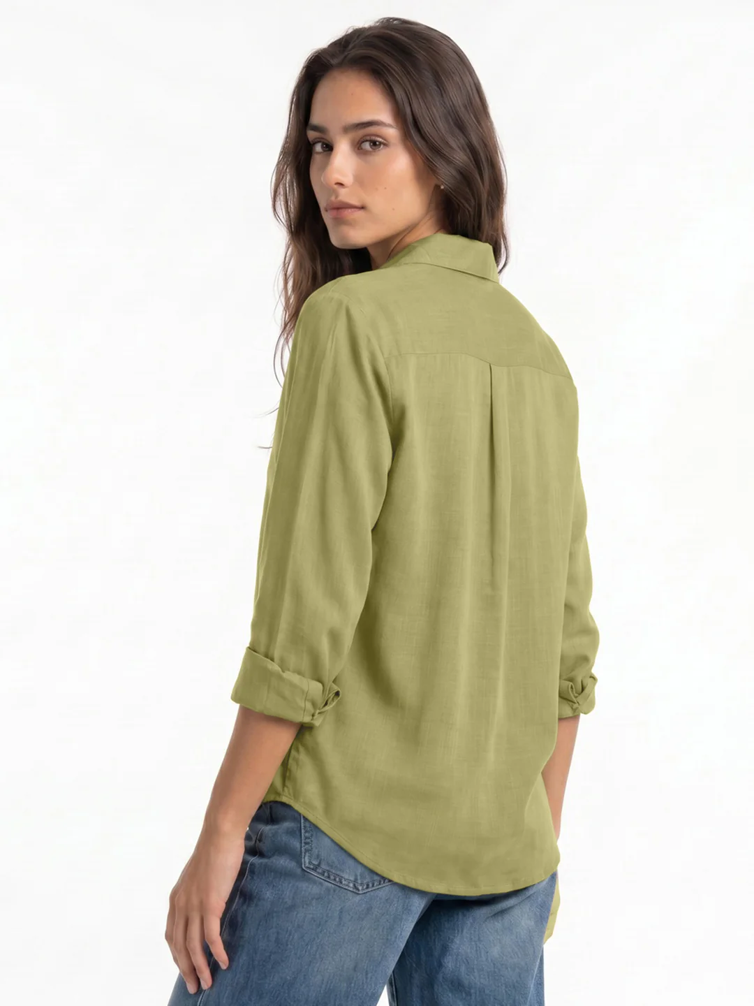 Women's Light Olive Lyocell Full Sleeve Relaxed Fit Casual Solid Shirt with V-Neck Collar - Image 3