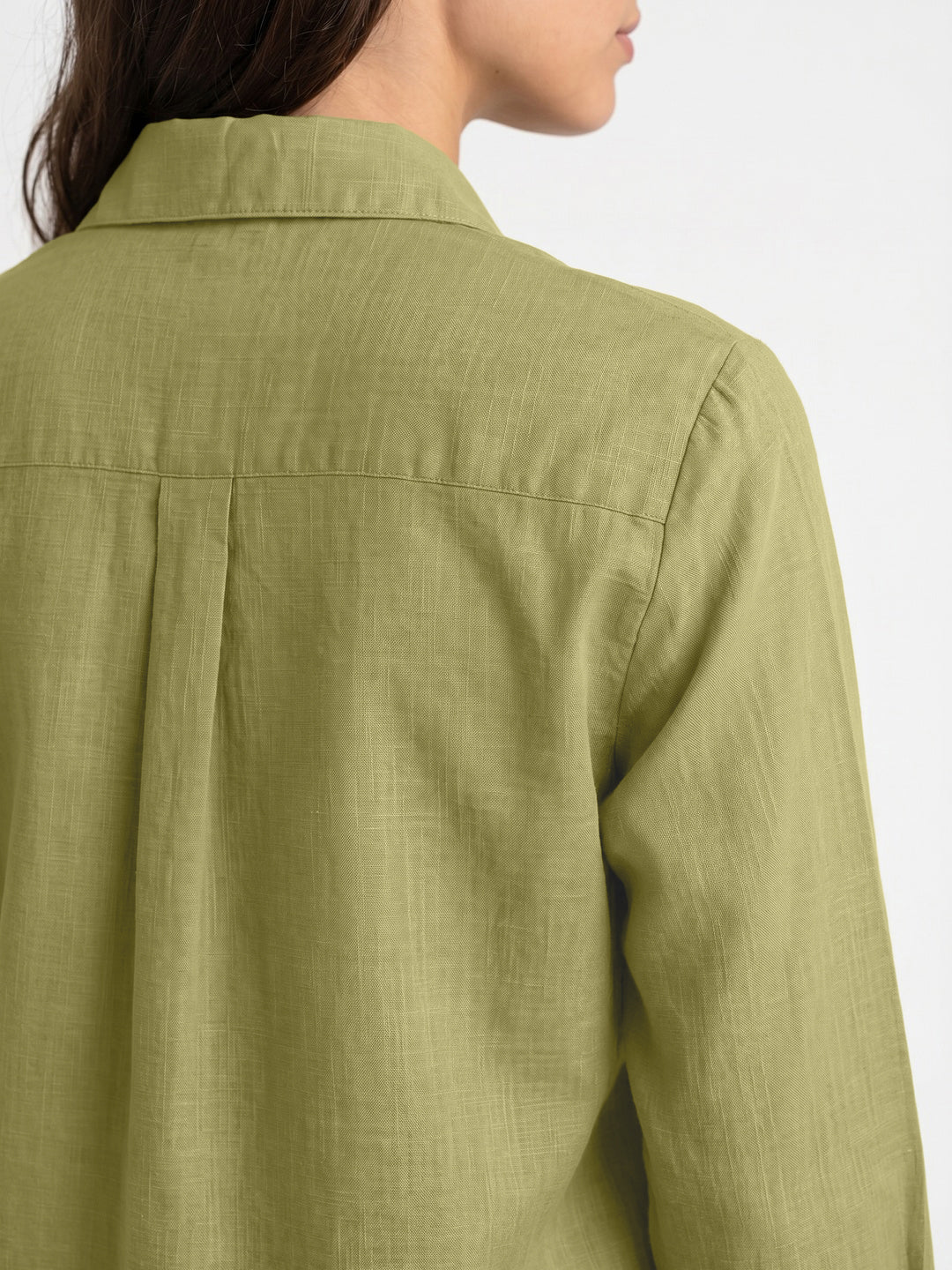 Women's Light Olive Lyocell Full Sleeve Relaxed Fit Casual Solid Shirt with V-Neck Collar - Image 5