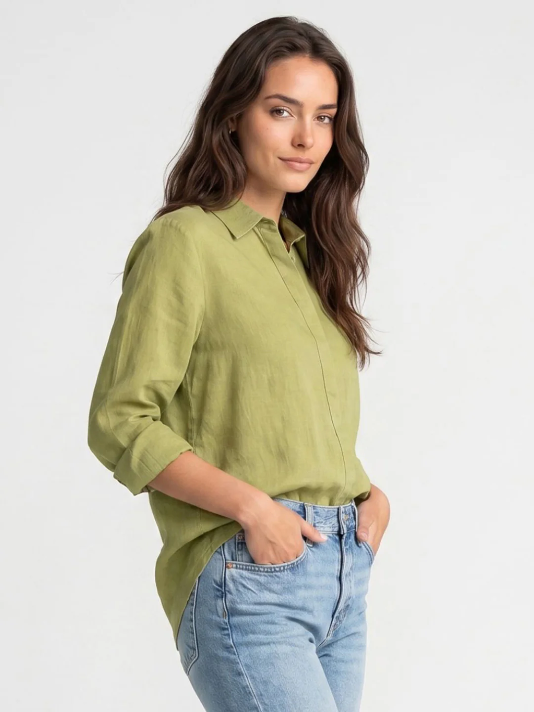 Women's Light Olive Lyocell Full Sleeve Relaxed Fit Concealed Placket Casual Solid Shirt with Regular Collar - Image 2