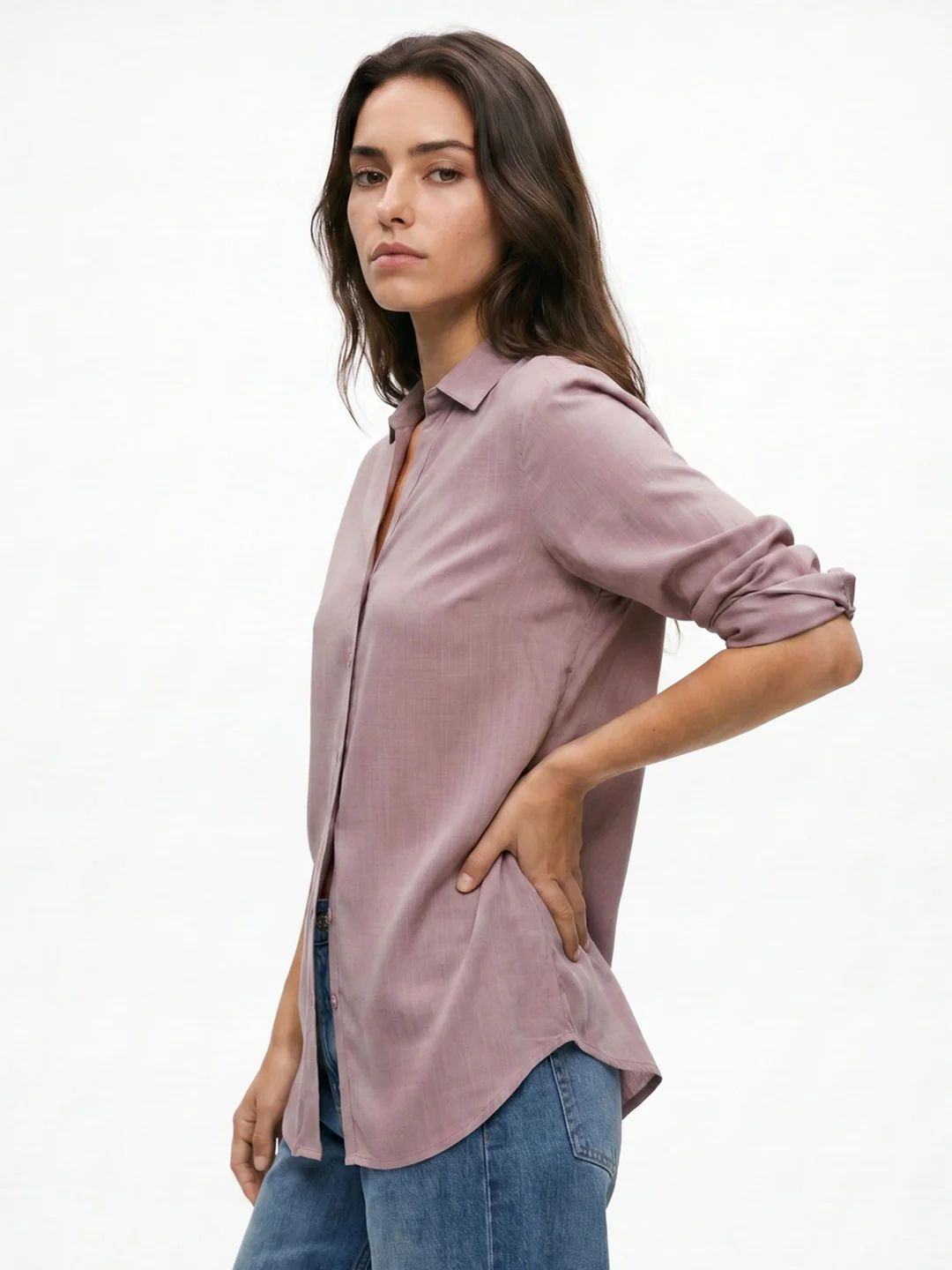 Women's Lilac Lyocell Full Sleeve Relaxed Fit Casual Solid Shirt with V-Neck Collar - Image 2