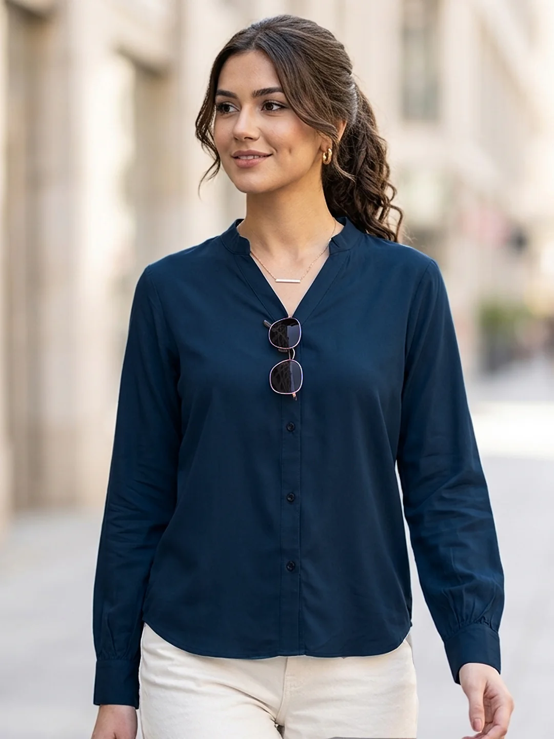 Women's Midnight Blue Modal Viscose Full Sleeve Regular Fit Casual Solid Shirt with Mandarin Collar
