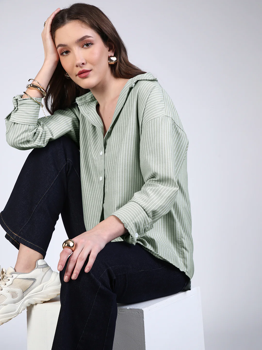 Women's Mint Cotton Full Sleeve Oversized Fit Casual Striped Shirt with Spread Collar - Image 2