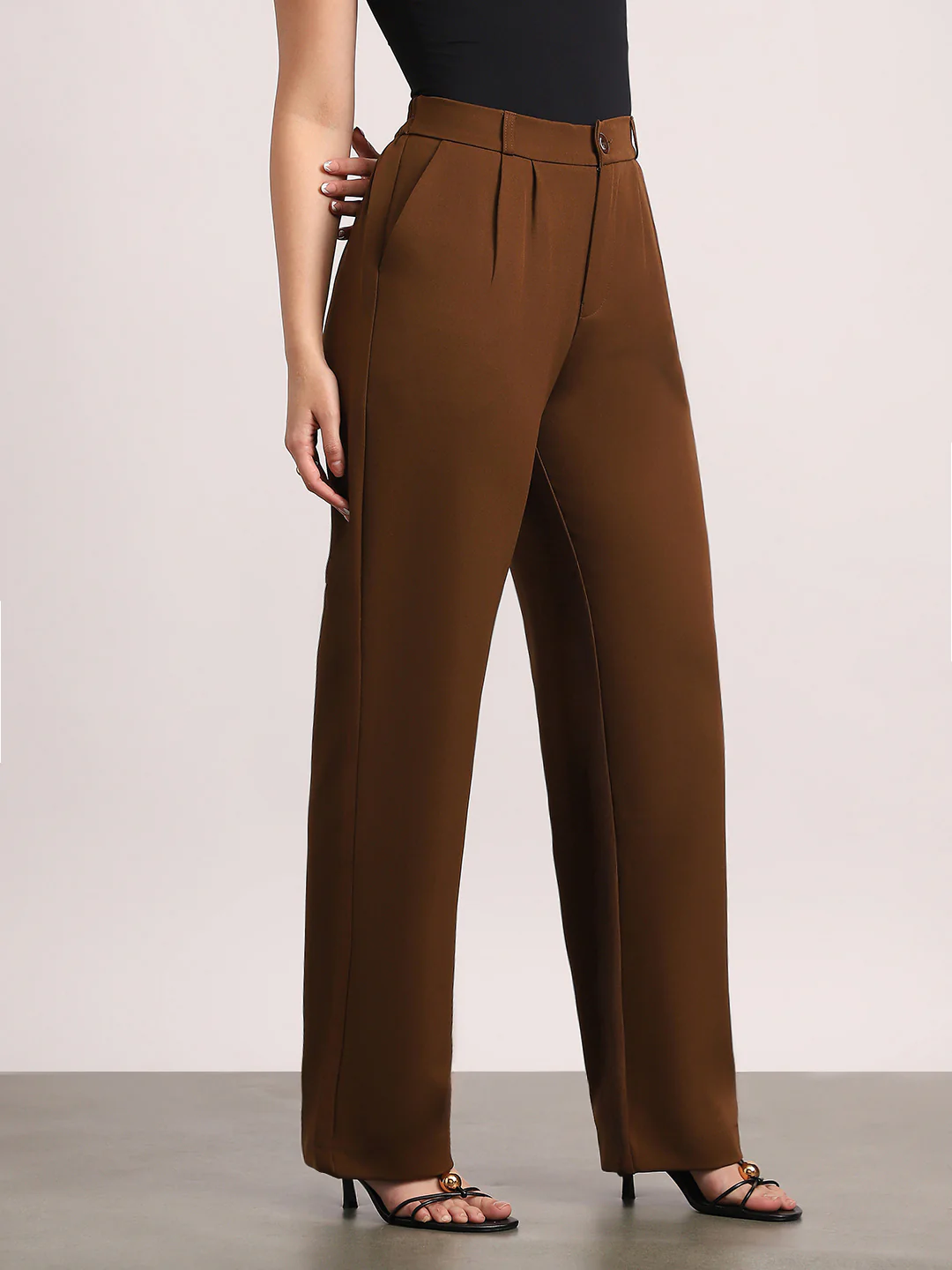 Women's Mocha Brown Loose Baggy Fit Solid Korean Pants Stretchable - Image 2