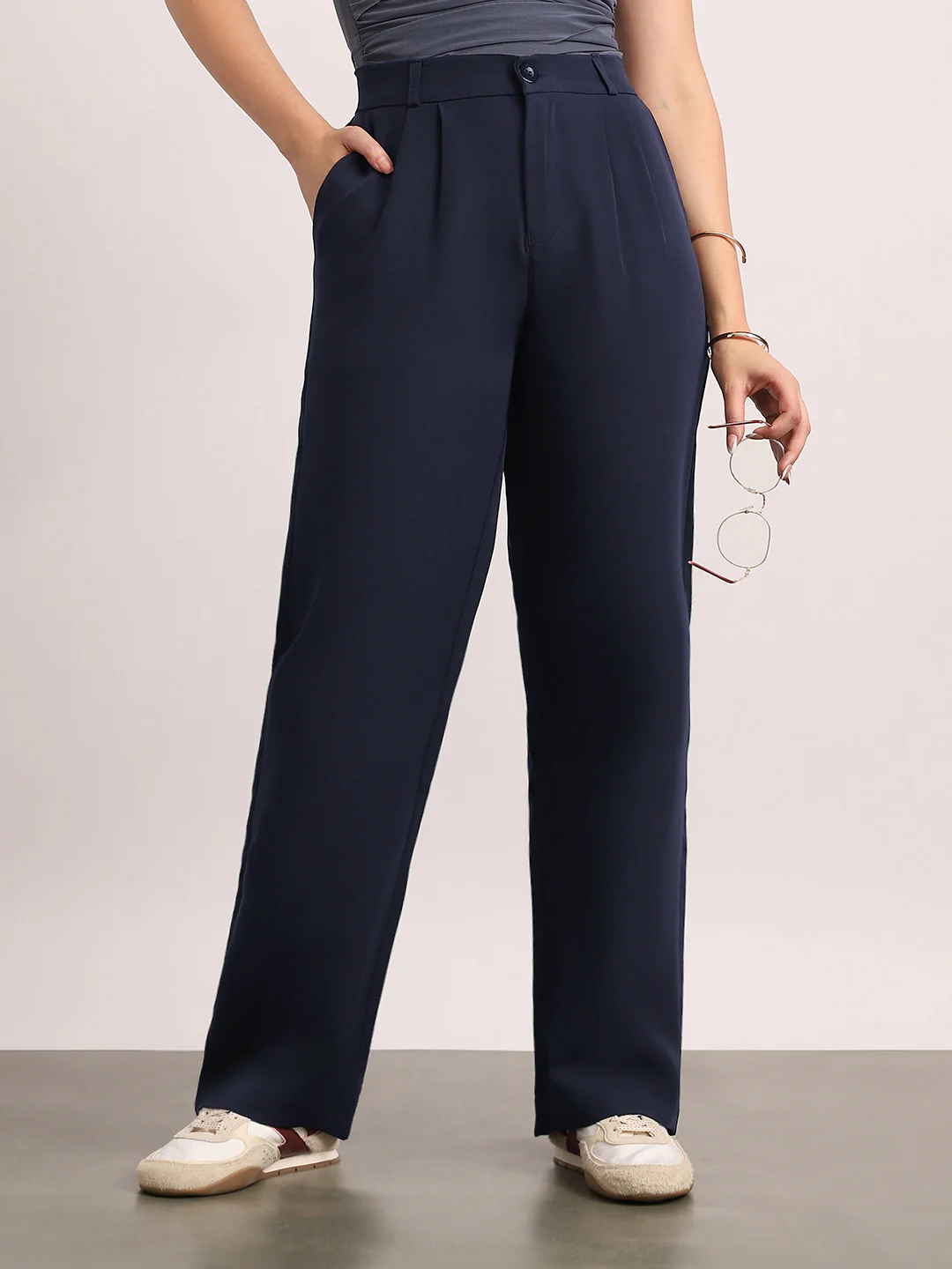 Women's Navy Loose Baggy Fit Solid Korean Pants Stretchable