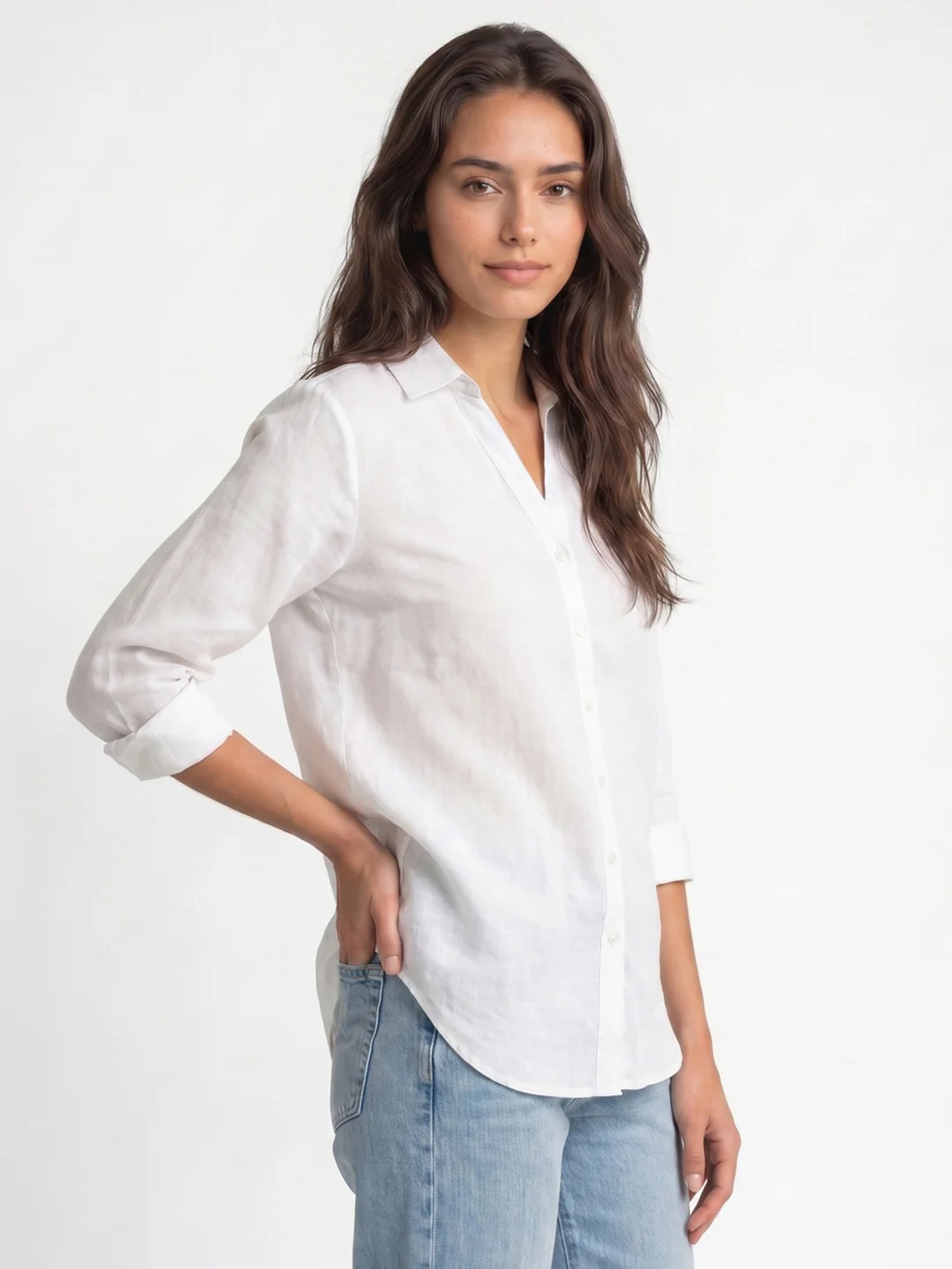Women's White Lyocell Full Sleeve Relaxed Fit Casual Solid Shirt with V-Neck Collar - Image 2