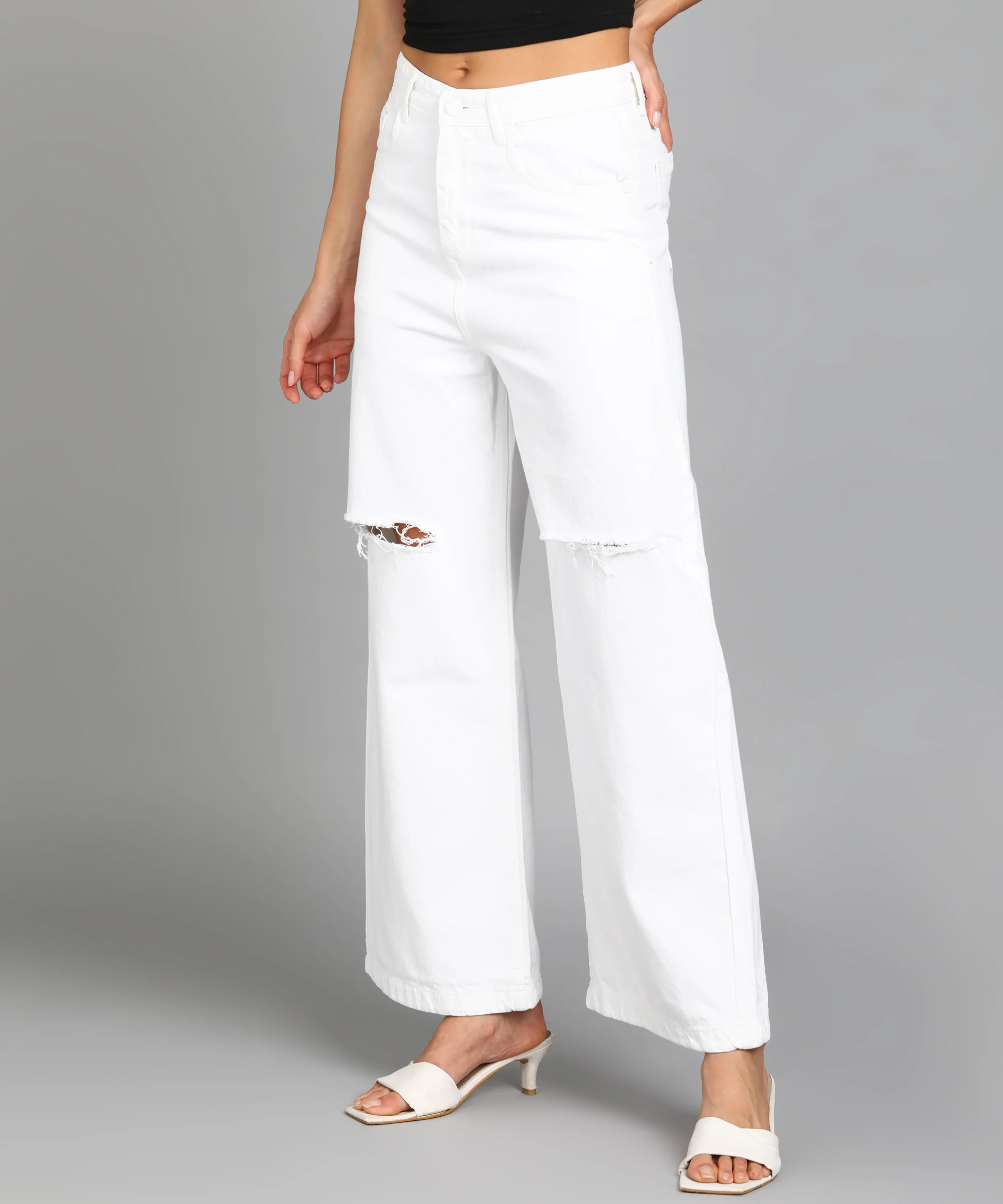 Women's White Wide Leg Fit Mild Distressed/Knee Slit Washed Jeans - Image 2