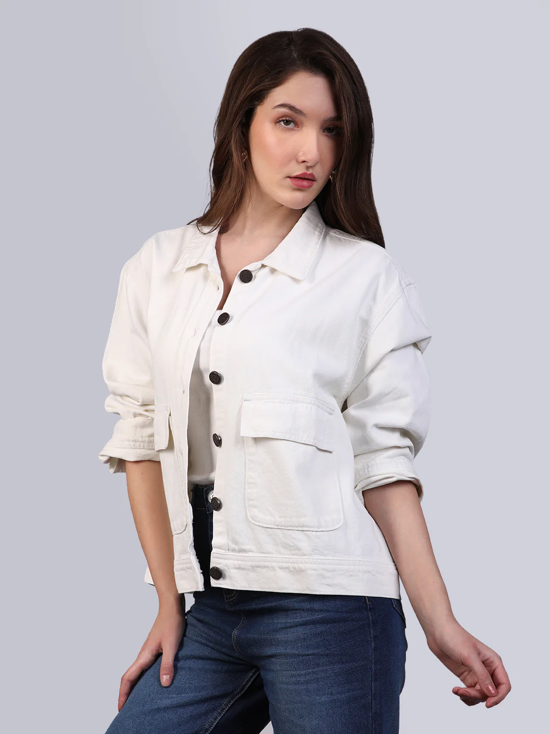 Women's White Relaxed Fit Full Sleeve Utility Denim Jacket - Image 2