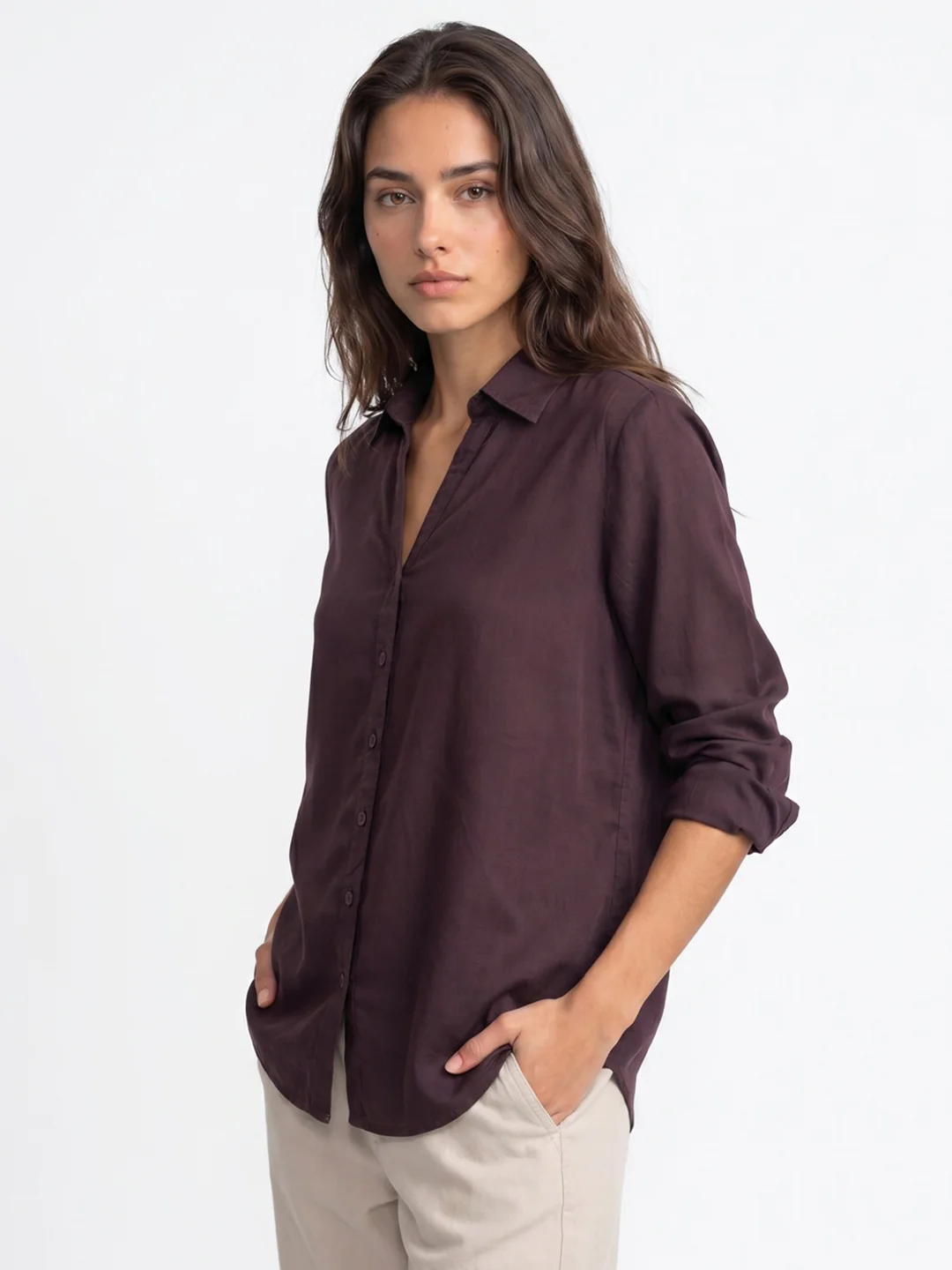 Women's Wine Lyocell Full Sleeve Relaxed Fit Casual Solid Shirt with V-Neck Collar - Image 2