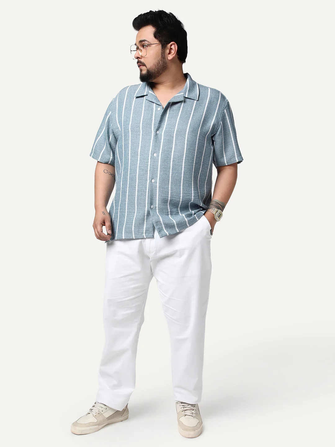 Plus Men's Aqua Cotton Half Sleeve Relaxed Fit Linen Striped Shirt with Cuban Collar - Image 4
