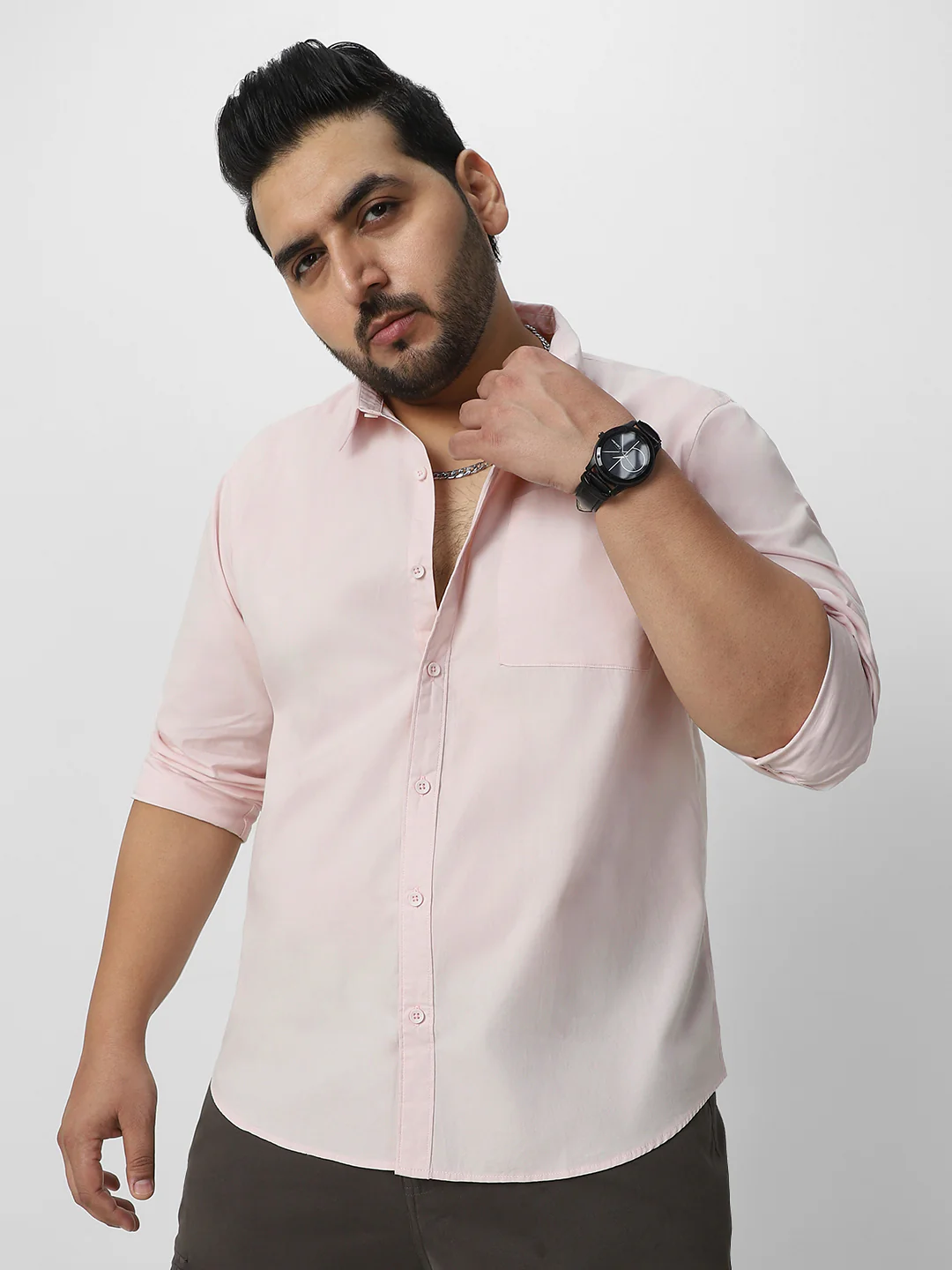 Plus Men's Baby Pink Cotton Full Sleeve Regular Fit Casual Solid Shirt - Image 2