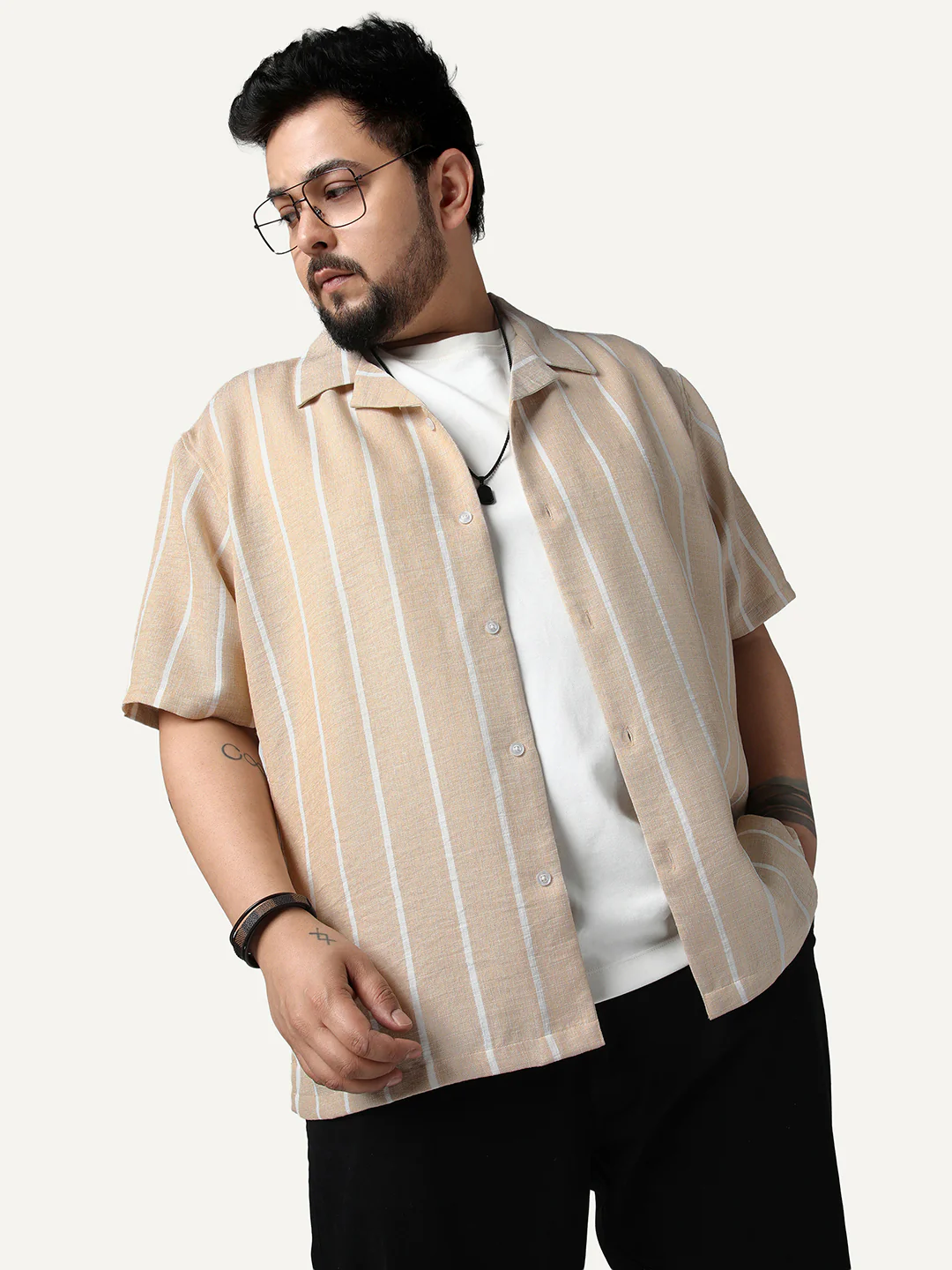 Plus Men's Beige Cotton Half Sleeve Relaxed Fit Linen Striped Shirt with Cuban Collar