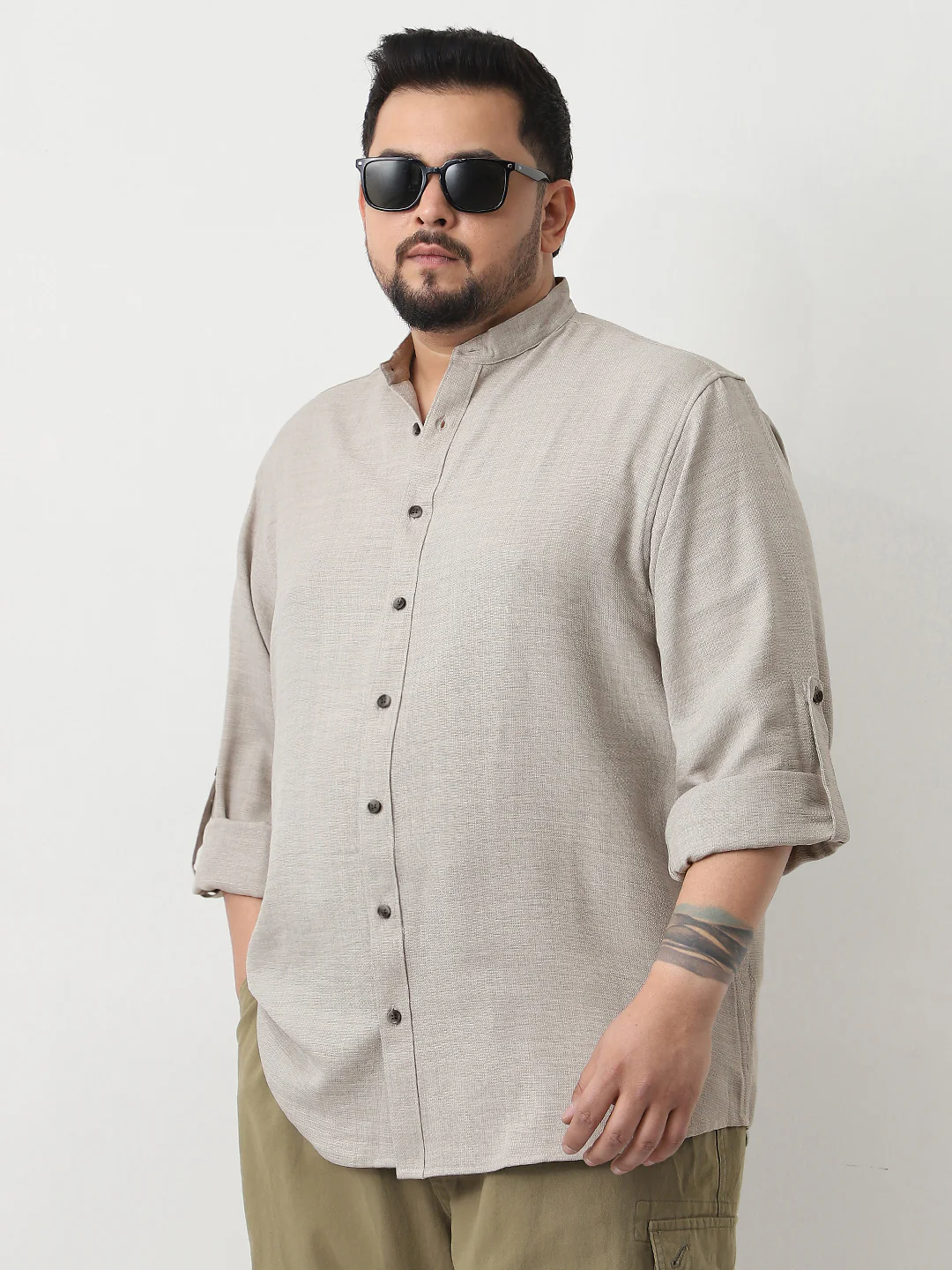 Plus Men's Beige Linen Blend Full Sleeve Relaxed Fit Mandarin Collar Casual Solid Shirt