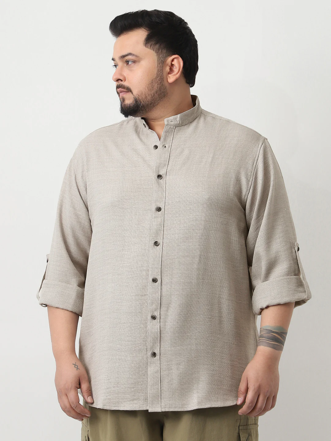 Plus Men's Beige Linen Blend Full Sleeve Relaxed Fit Mandarin Collar Casual Solid Shirt - Image 2