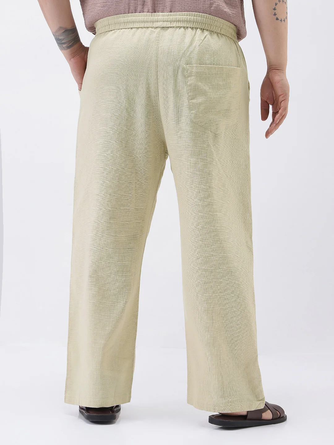 Plus Men's Beige Loose Fit Solid Linen Blend Trousers Non-Stretchable - Image 8