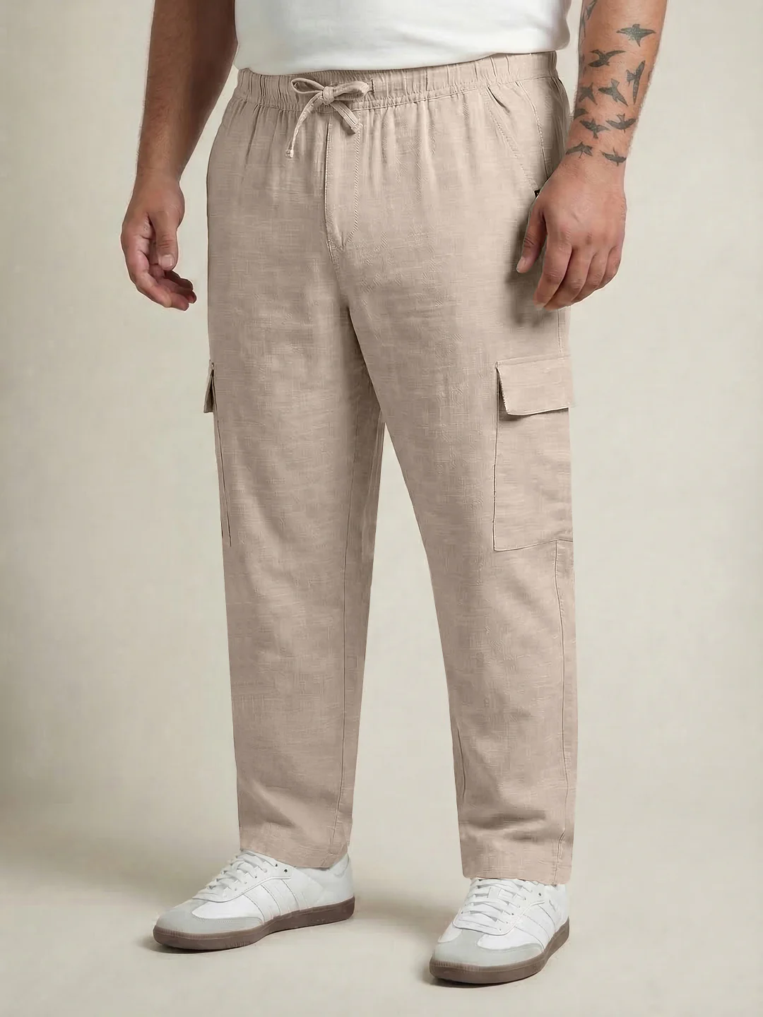 Plus Men's Beige Straight Fit Linen Cargo Pants with 6 Pockets - Image 2