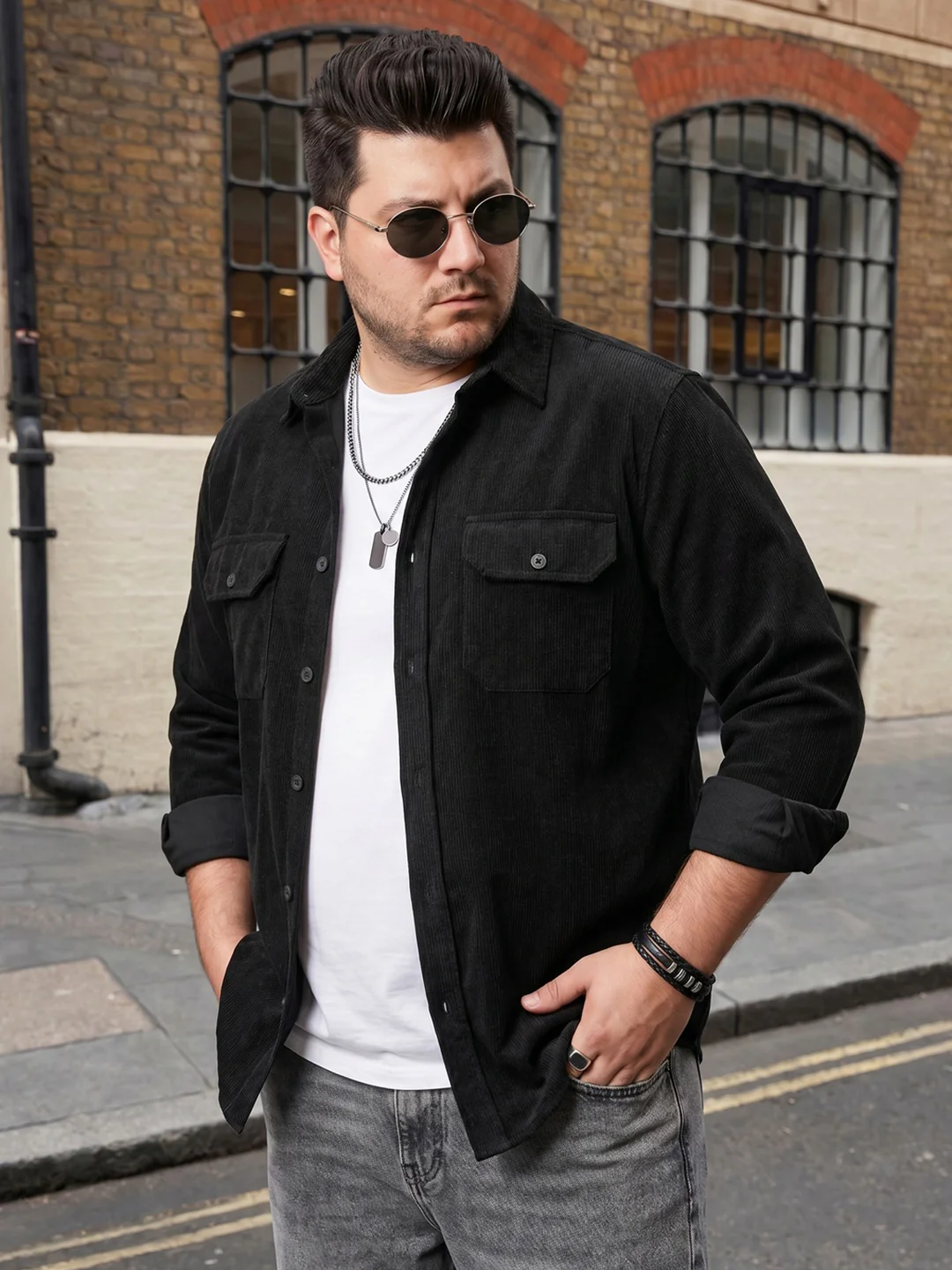 Plus Men's Black Corduroy Full Sleeve Regular Fit Solid Overshirt with Utility Pockets