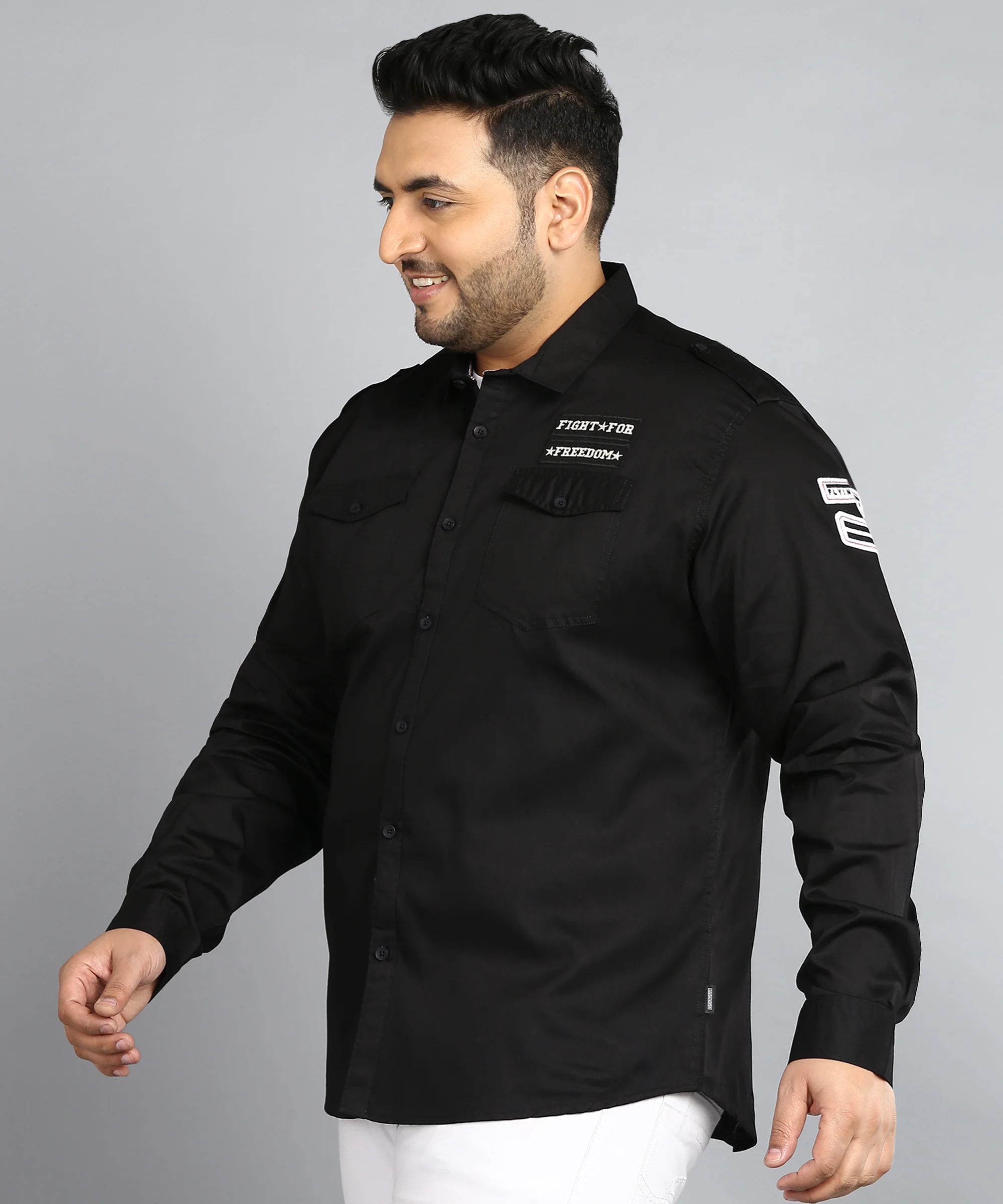 Plus Men's Black Cotton Full Sleeve Regular Fit Casual Solid Shirt - Image 2