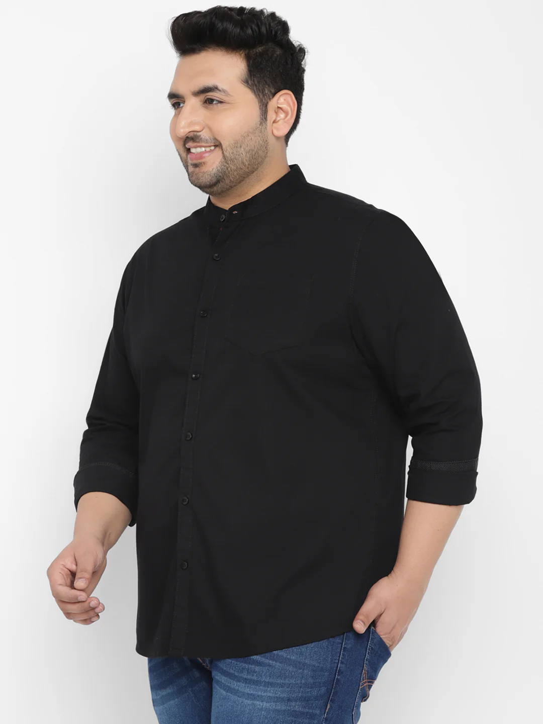 Plus Men's Black Cotton Full Sleeve Regular Fit Casual Solid Shirt with Mandarin Collar - Image 2