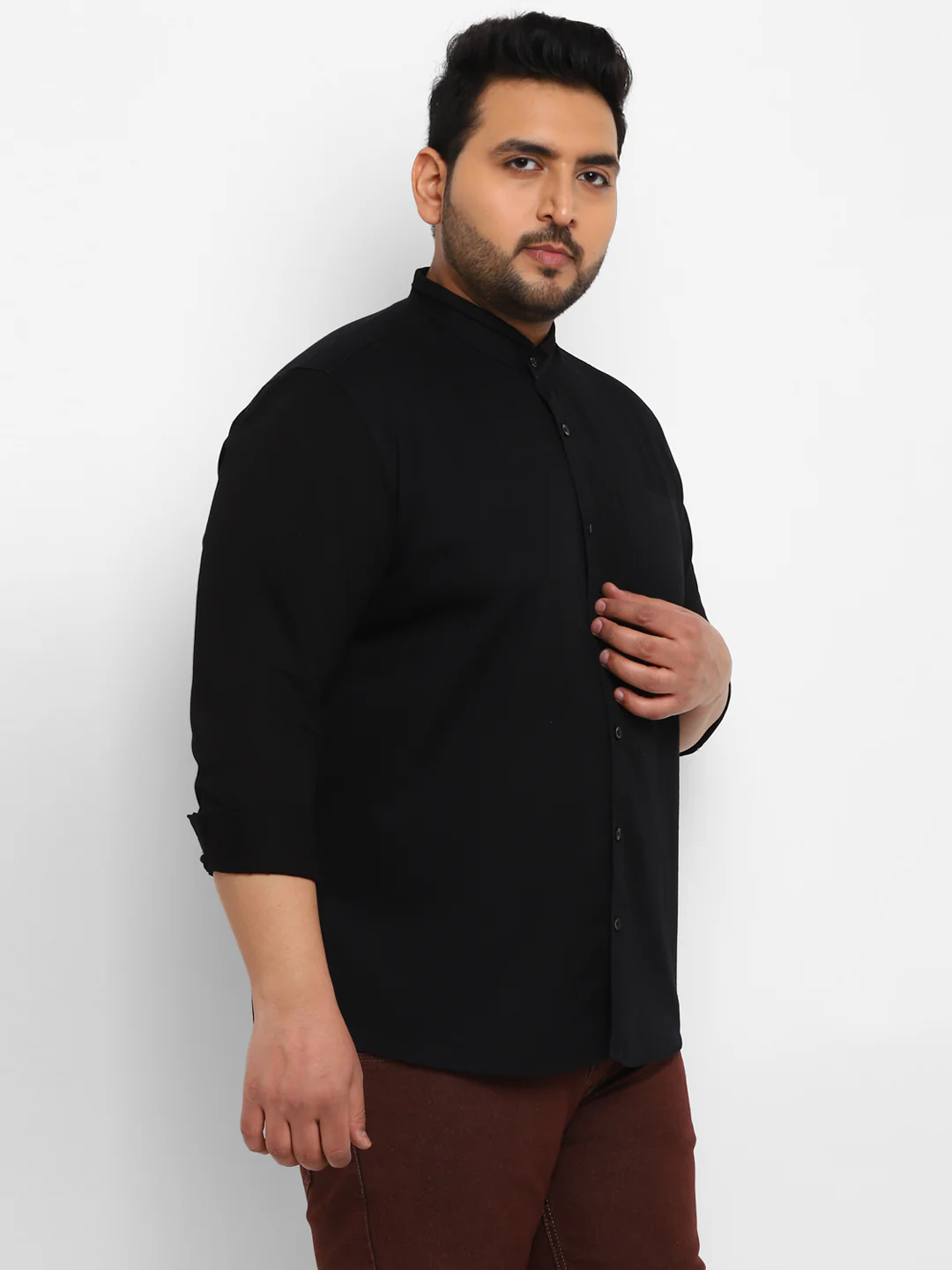 Plus Men's Black Cotton Full Sleeve Regular Fit Casual Solid Shirt with Mandarin Collar - Image 2