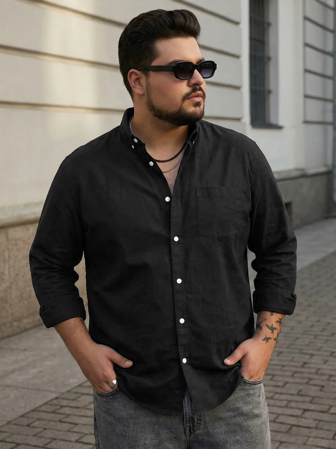 Plus Men's Black Cotton Full Sleeve Regular Fit Solid Oxford Shirt With Button-Down Collar