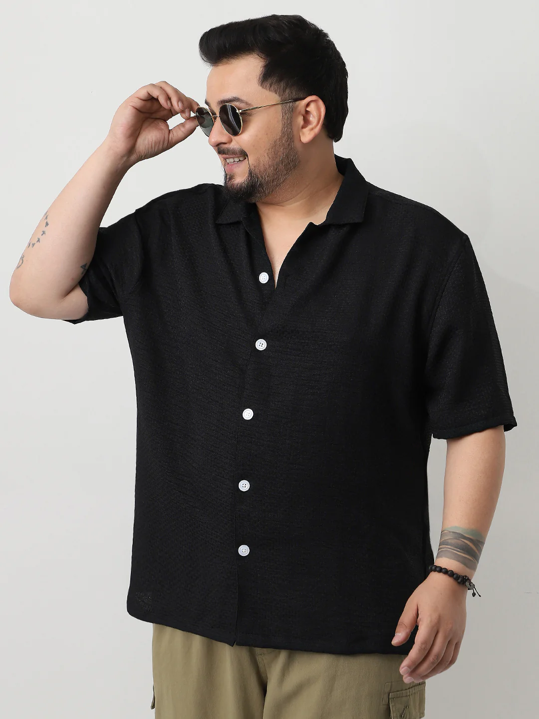 Plus Men's Black Cotton Half Sleeve Oversized Fit Textured Shirt with Cuban Collar