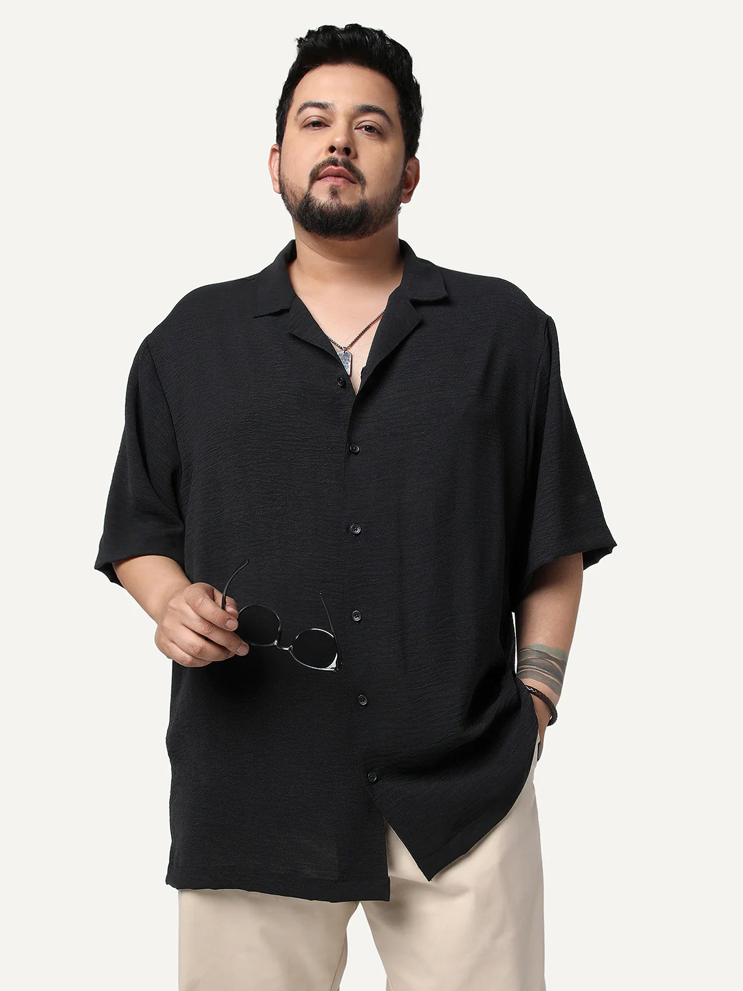 Plus Men's Black Cotton Half Sleeve Relaxed Fit Textured Shirt with Cuban Collar