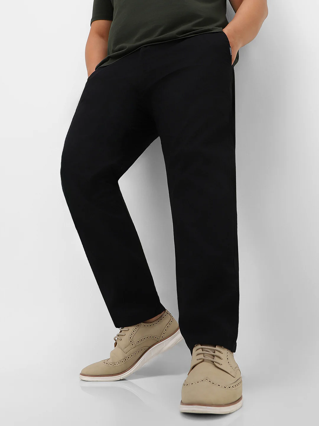 Plus Men's Black Cotton Regular Fit Casual Chinos Trousers - Image 2