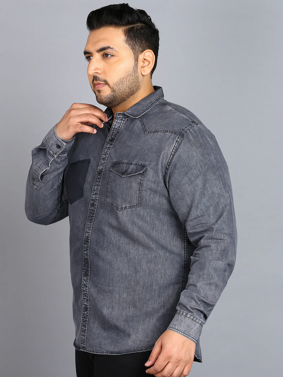 Plus Men's Black Denim Full Sleeve Regular Fit Washed Casual Shirt - Image 2